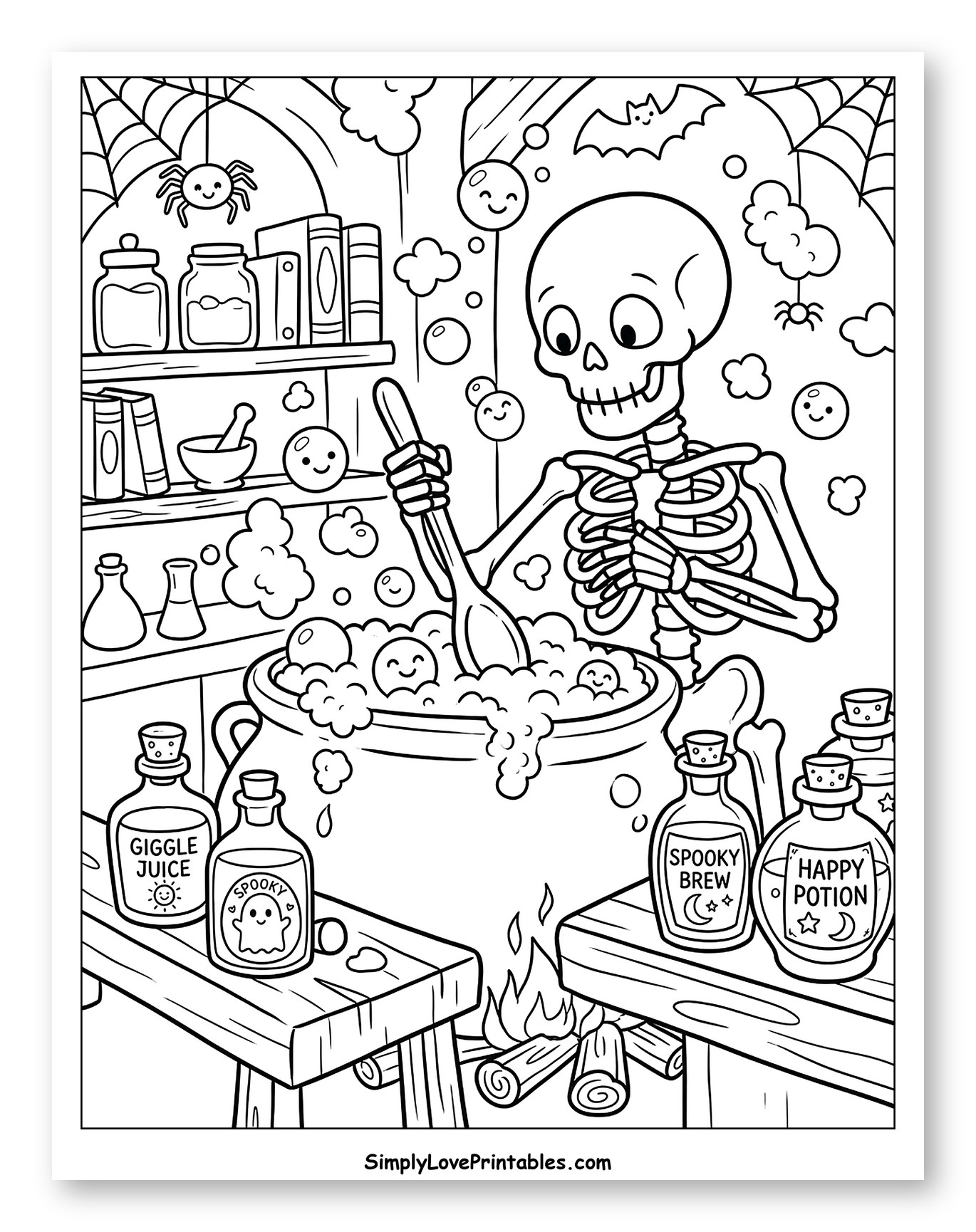 Happy Skeleton Brewing Halloween Potions Coloring Sheet for Kids