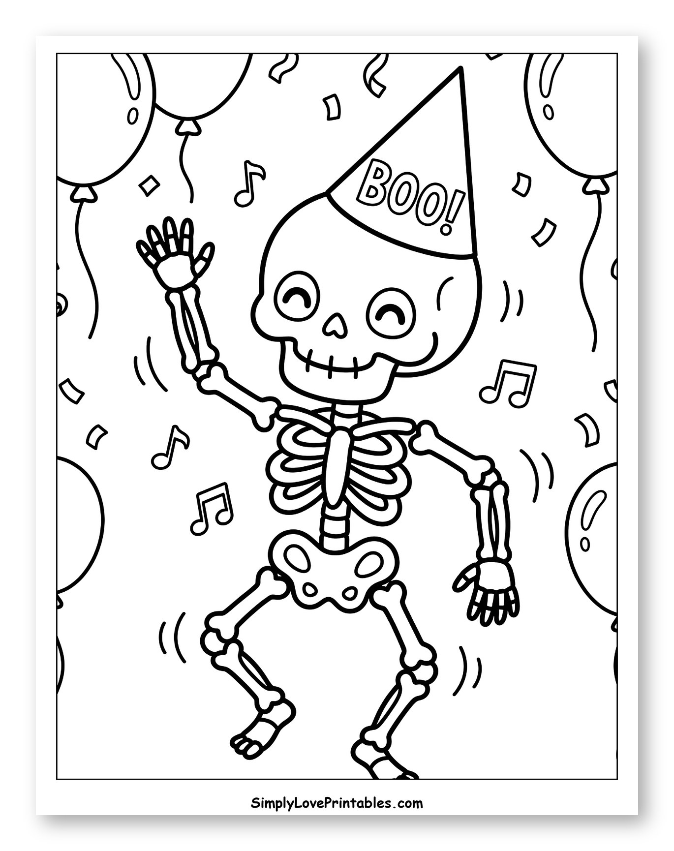 Happy Skeleton Dancing with Balloons and Confetti