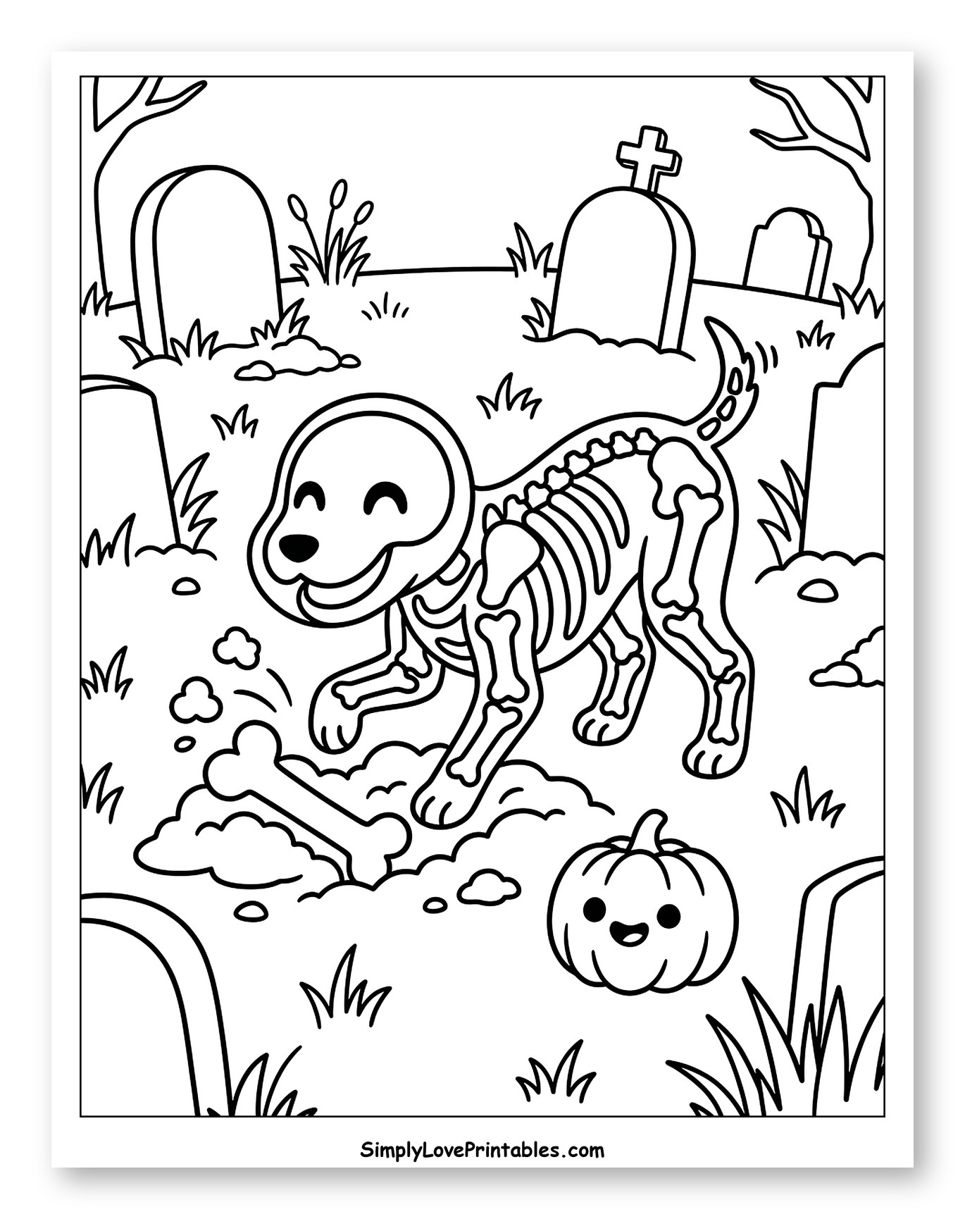 Happy Skeleton Dog Digging Bone in Graveyard Coloring Page for Kids