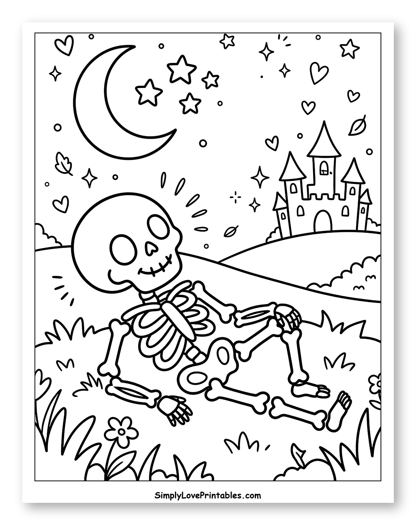 Happy Skeleton in Grass with Castle to Color for Adults