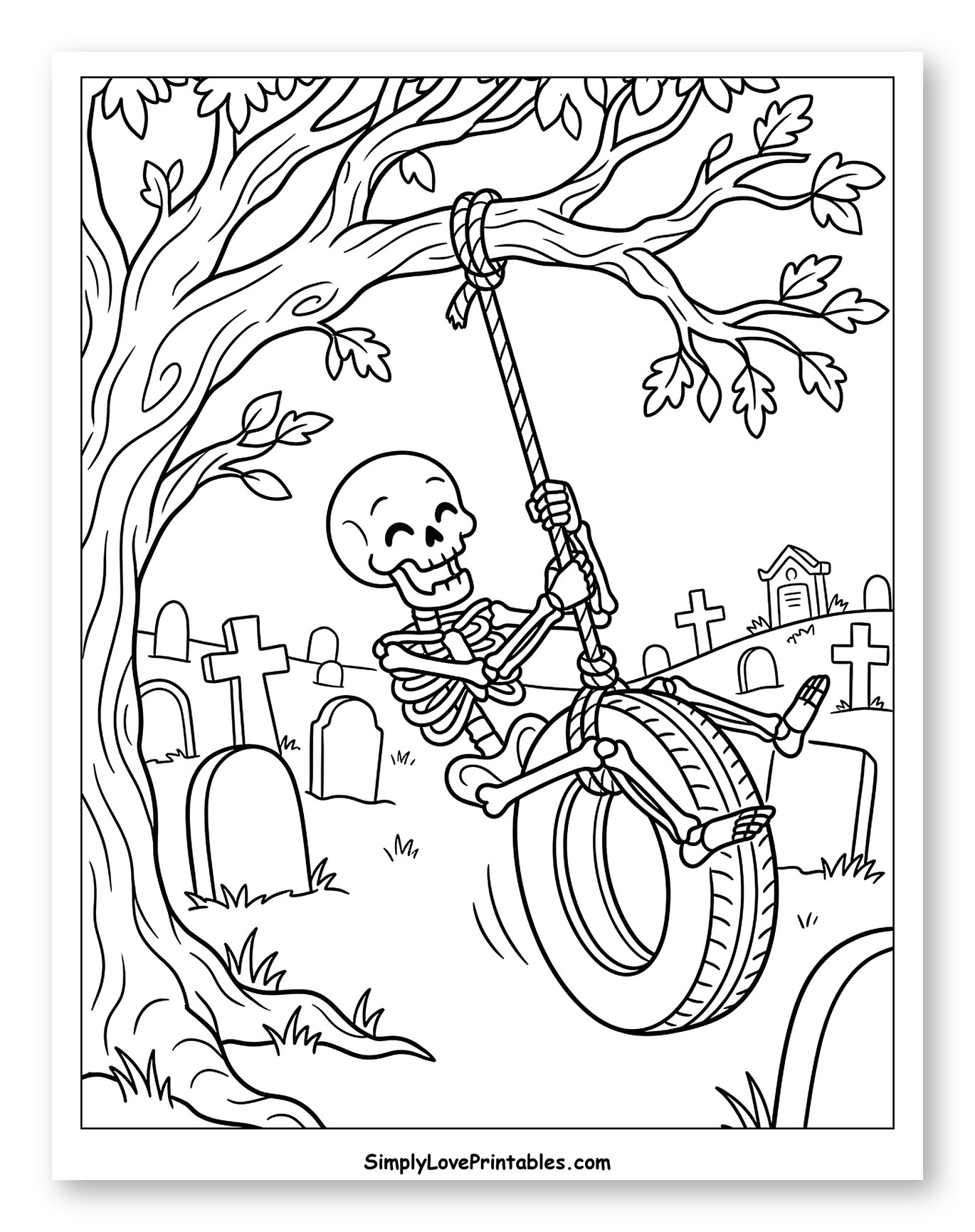 Happy Skeleton on Tire Swing in Graveyard