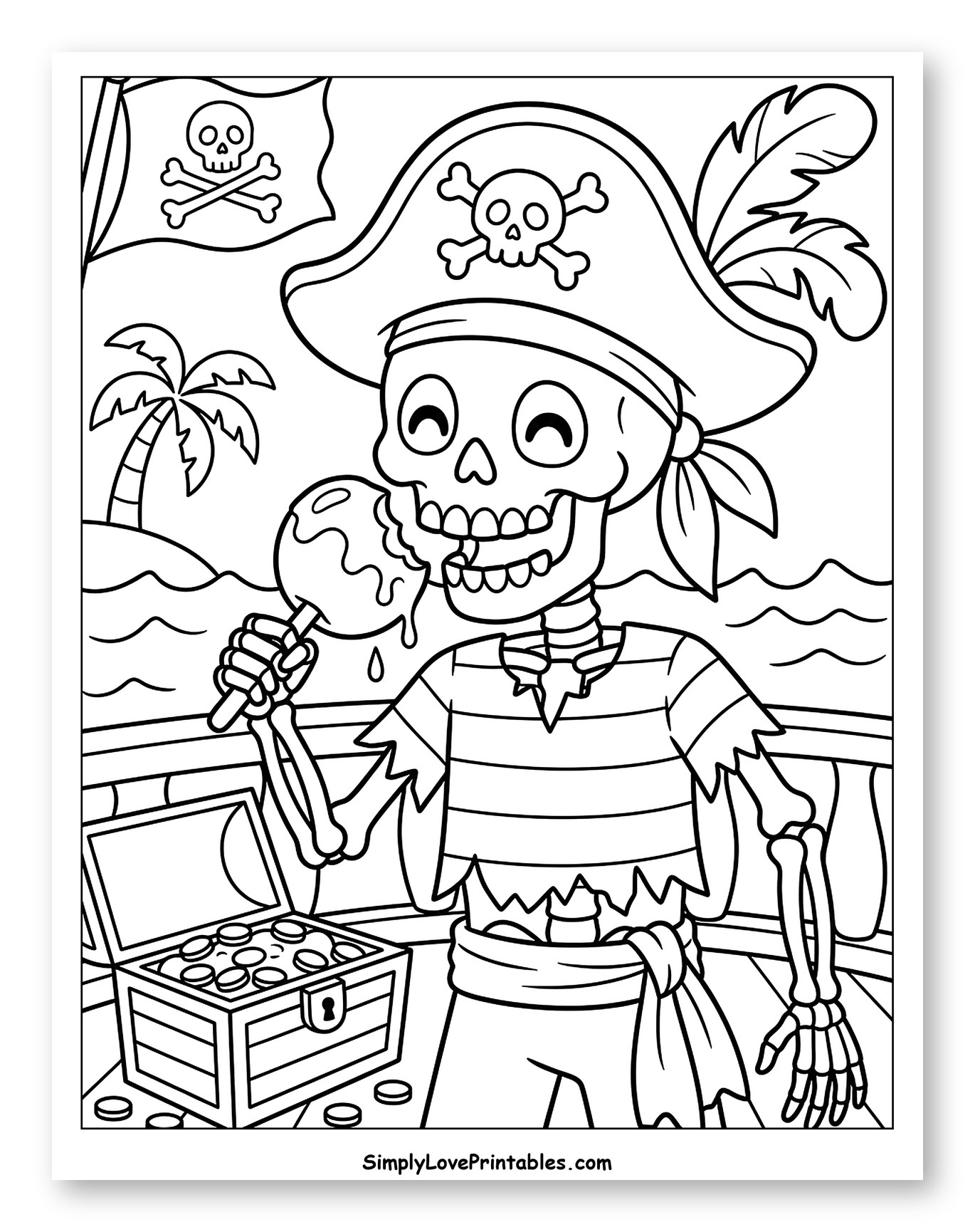 Happy Skeleton Pirate with Candy Apple and Treasure