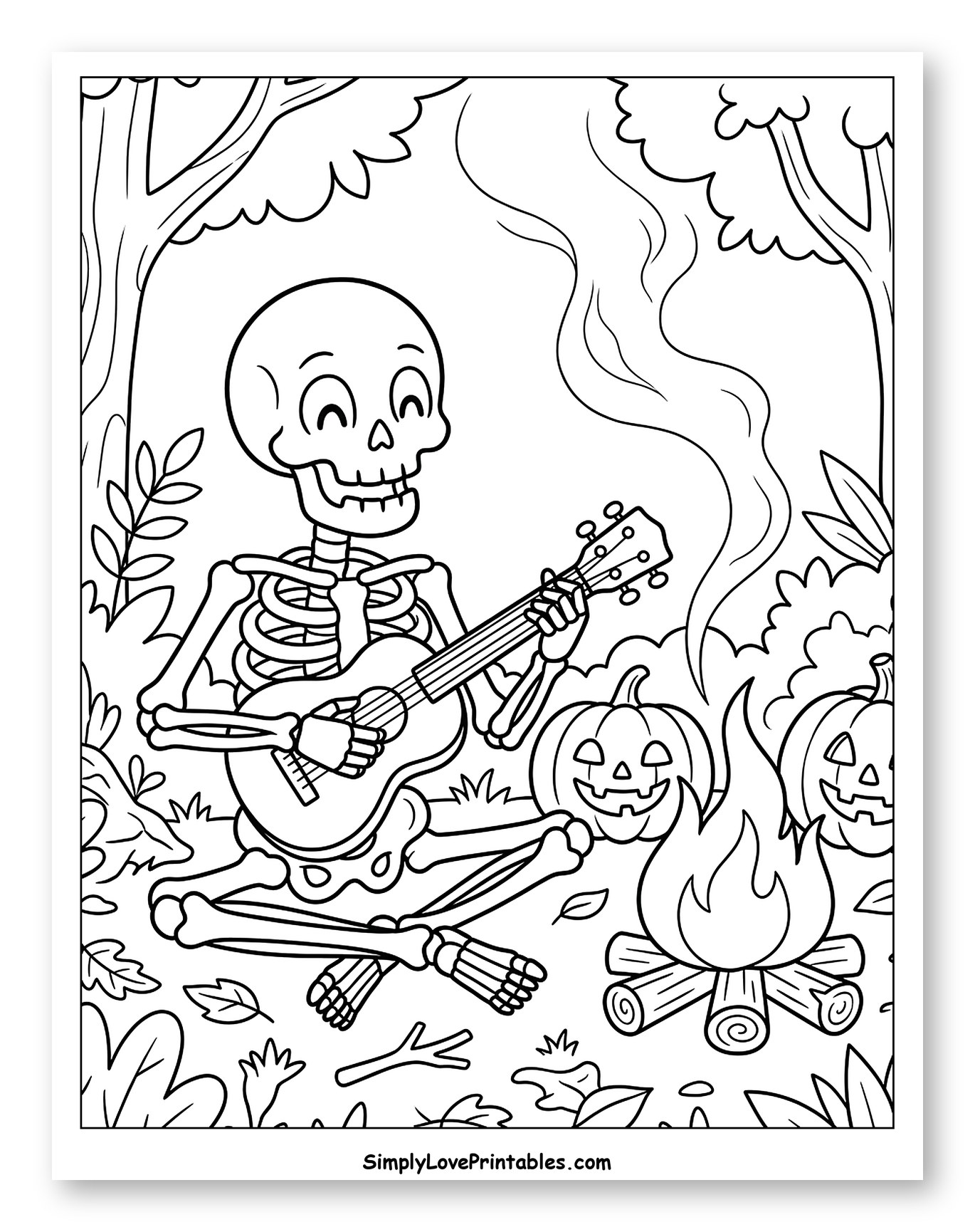 Happy Skeleton Playing Ukulele by Campfire Coloring Page for Kids