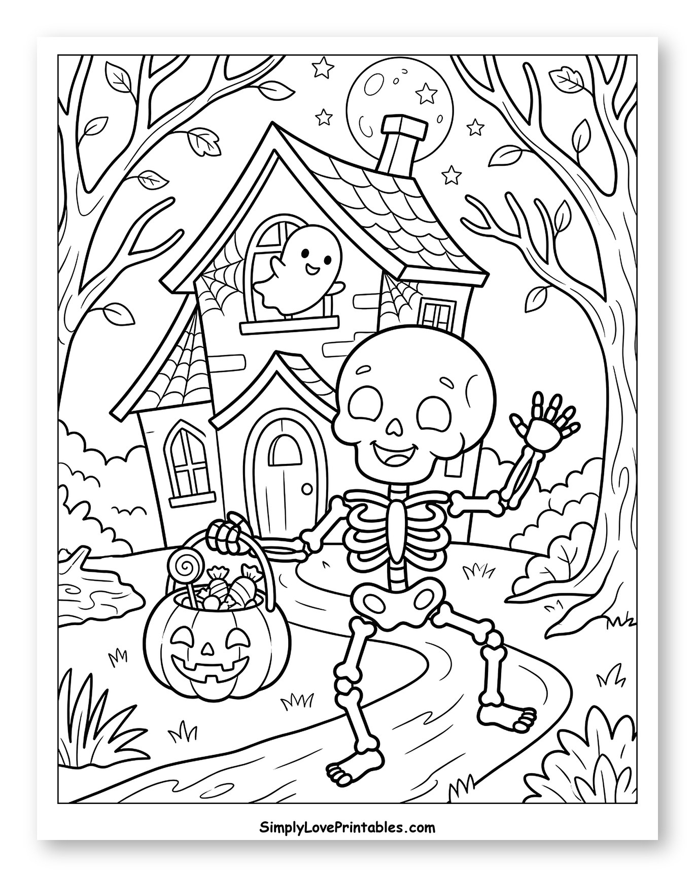 Happy Skeleton Trick-or-Treating at a Spooky House