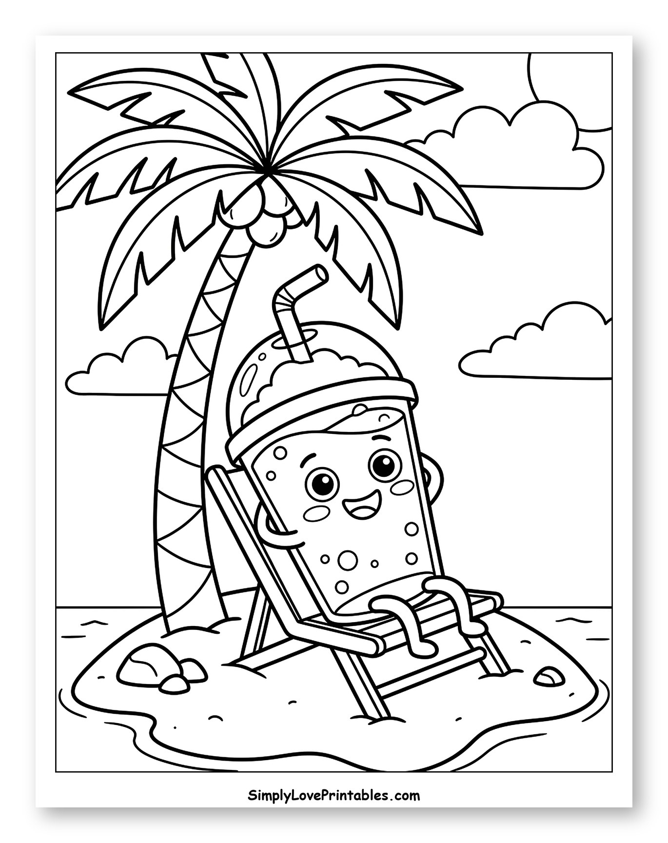 Happy Slushie on Chair under Palm Tree Coloring Page for Kids