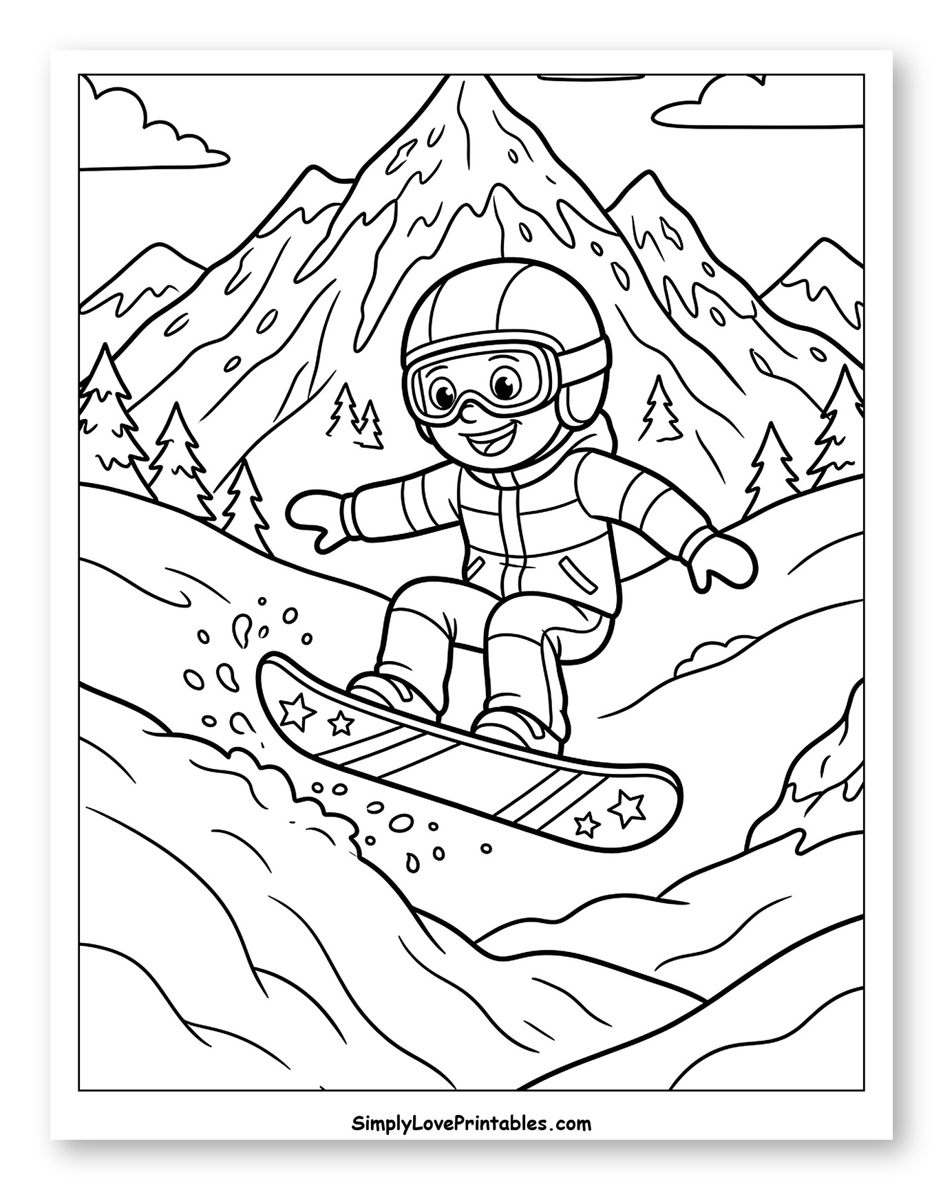 Happy Snowboarder Jumps Down Snowy Mountain