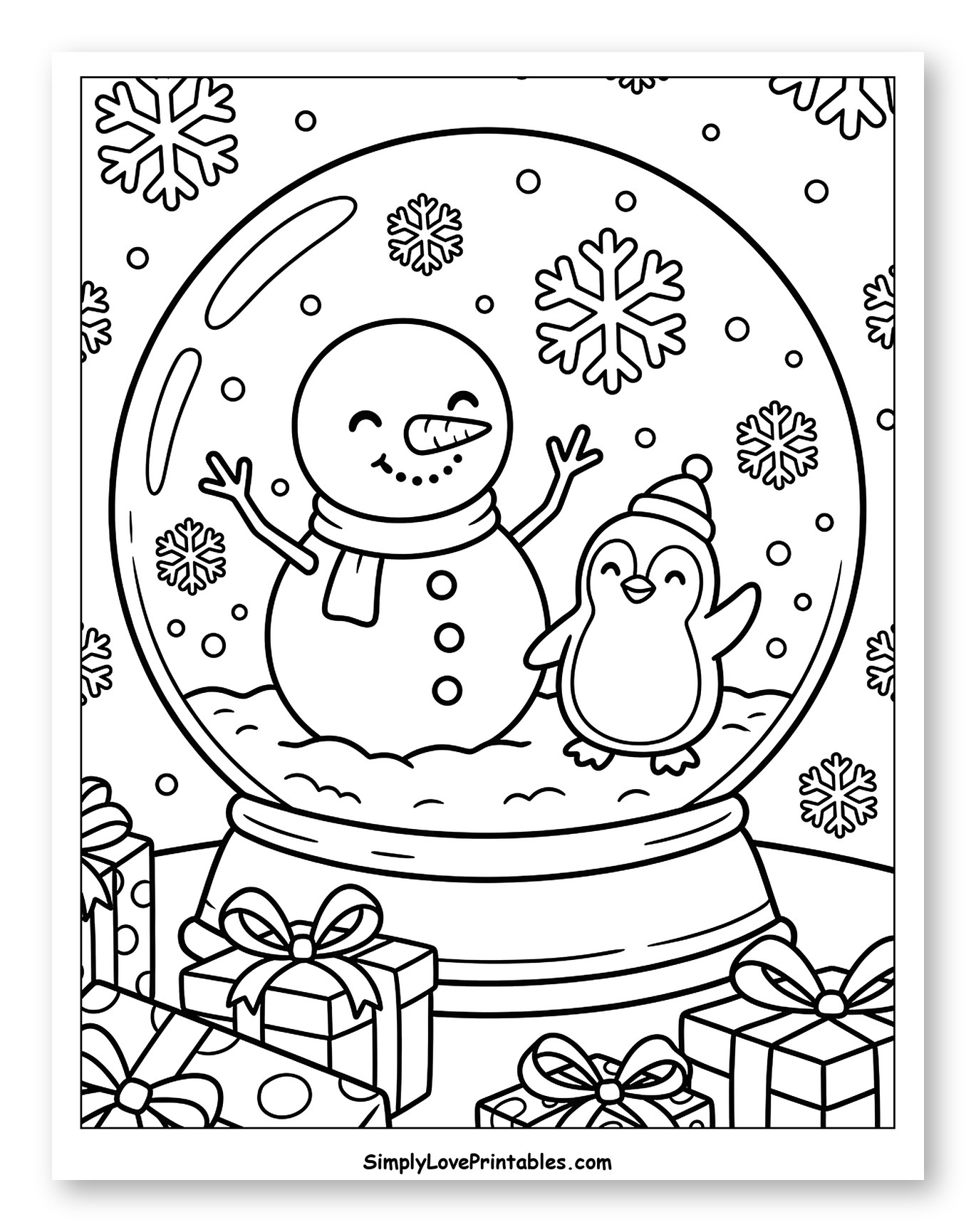Happy Snowman and Penguin in a Festive Snow Globe Coloring Sheet for Kids