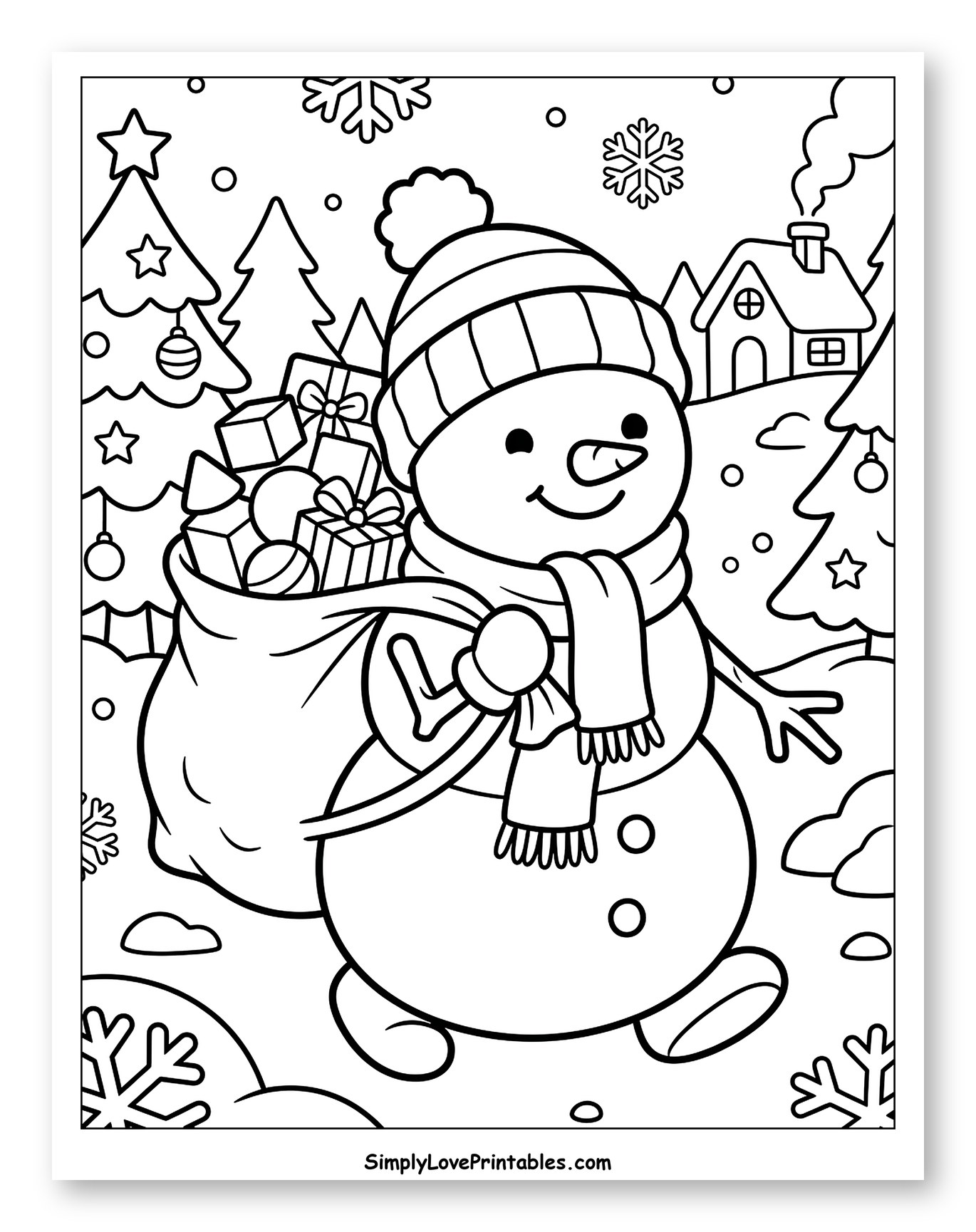Happy Snowman Carrying a Big Sack of Gifts Coloring Page for Kids