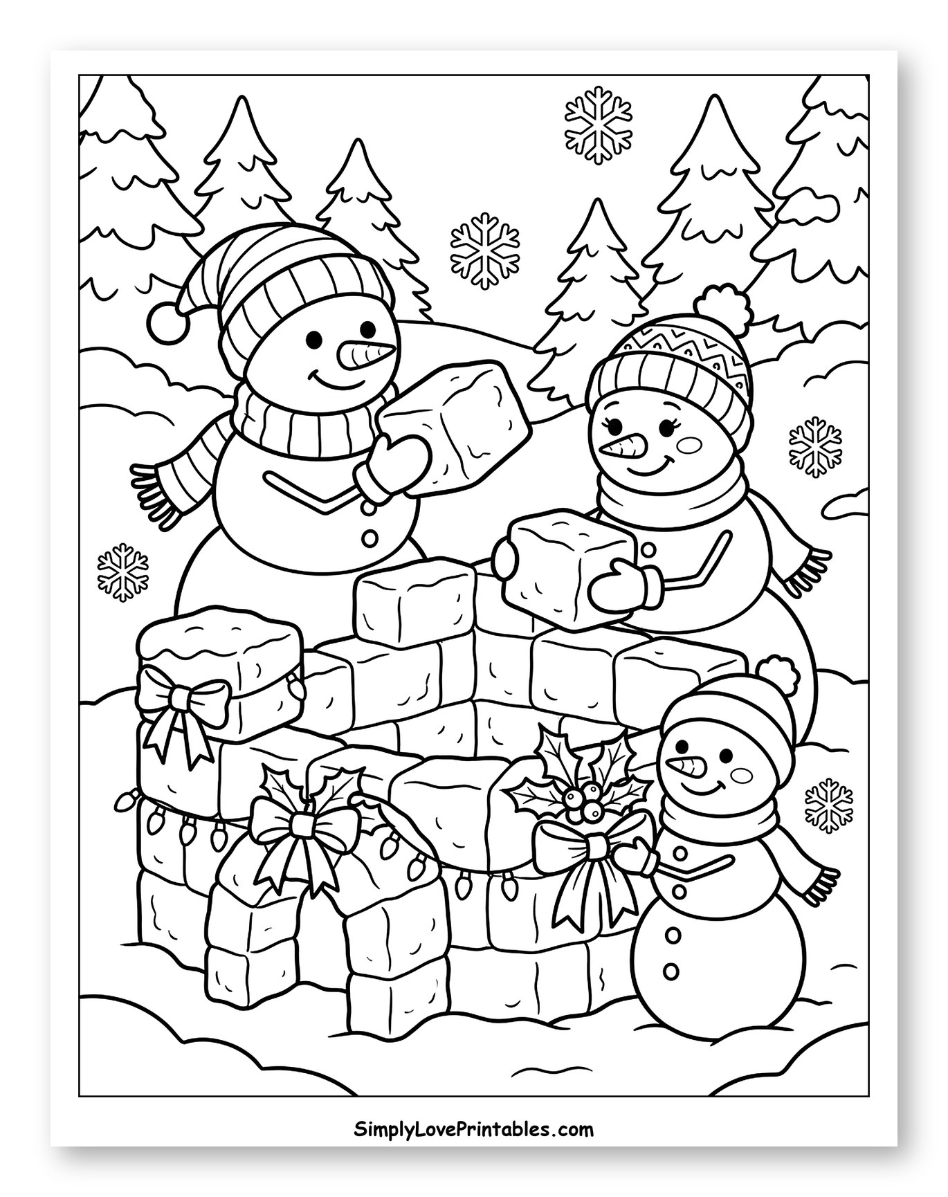 Happy Snowman Family Building a Snow Fort Coloring Sheet for Kids