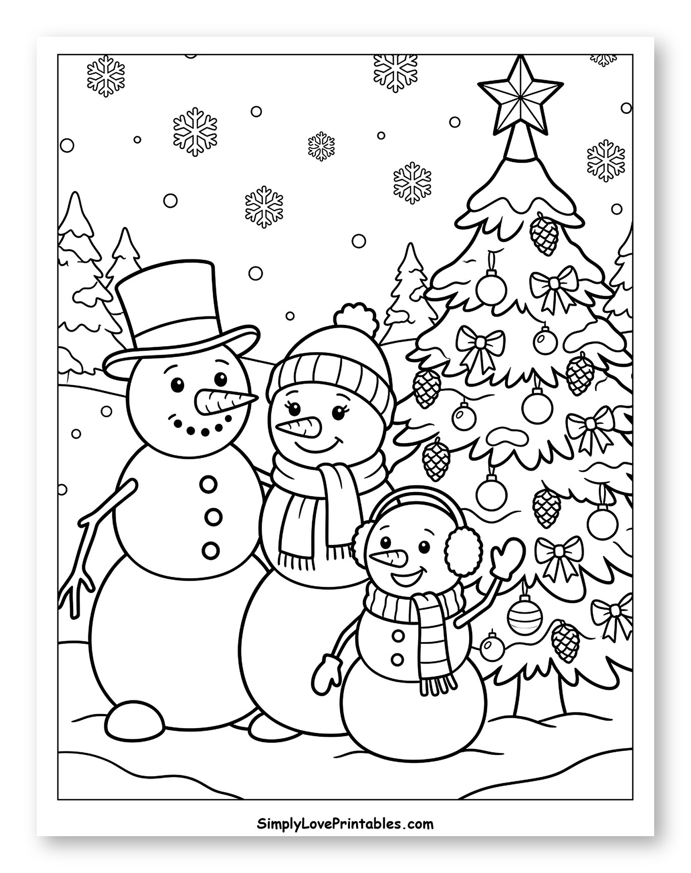 Happy Snowman Family by the Christmas Tree
