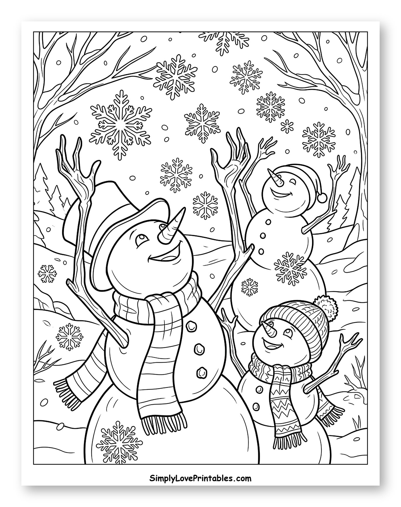 Happy Snowman Family Catching Winter Snowflakes
