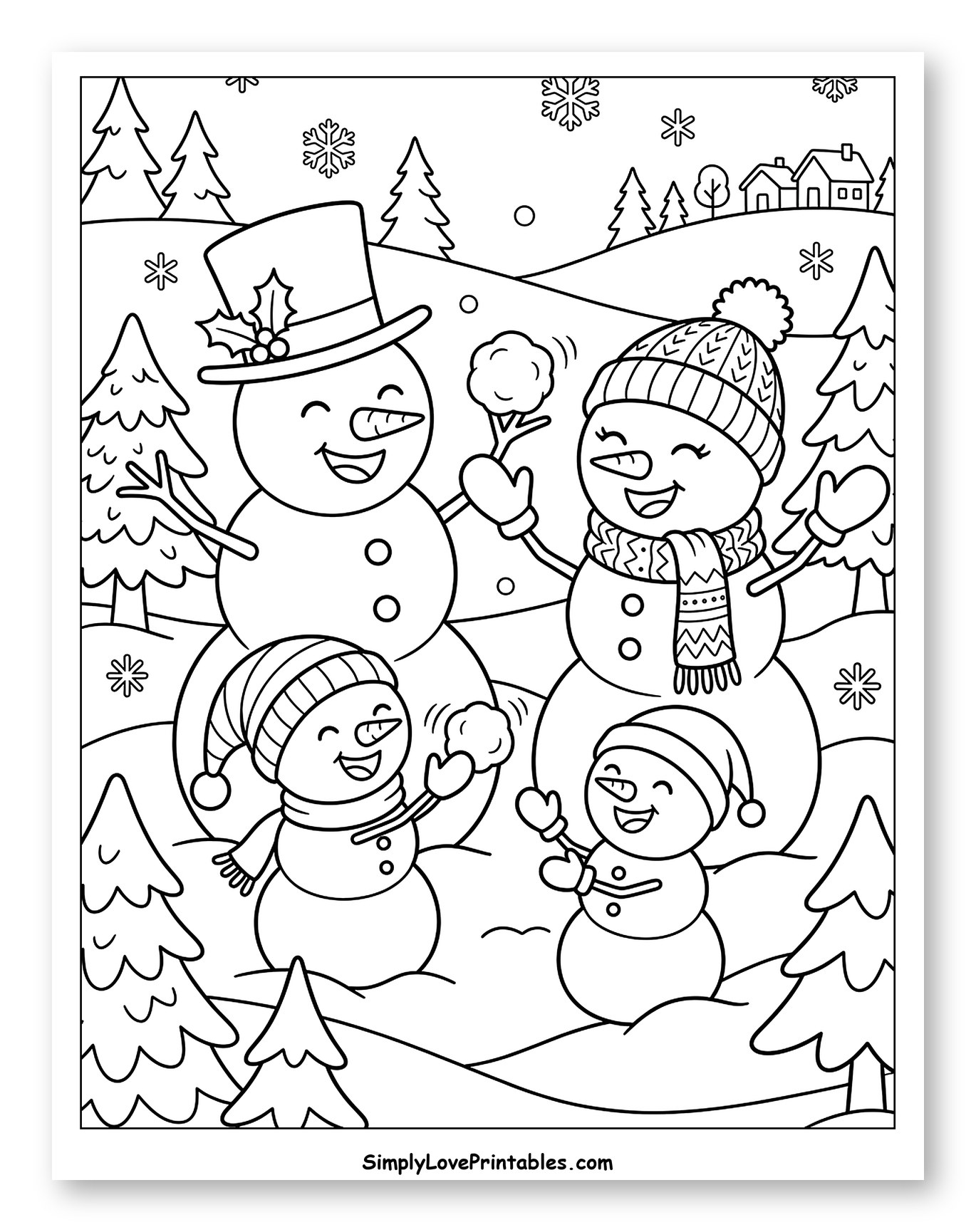 Happy Snowman Family Having a Snowball Fight Coloring Sheet for Kids