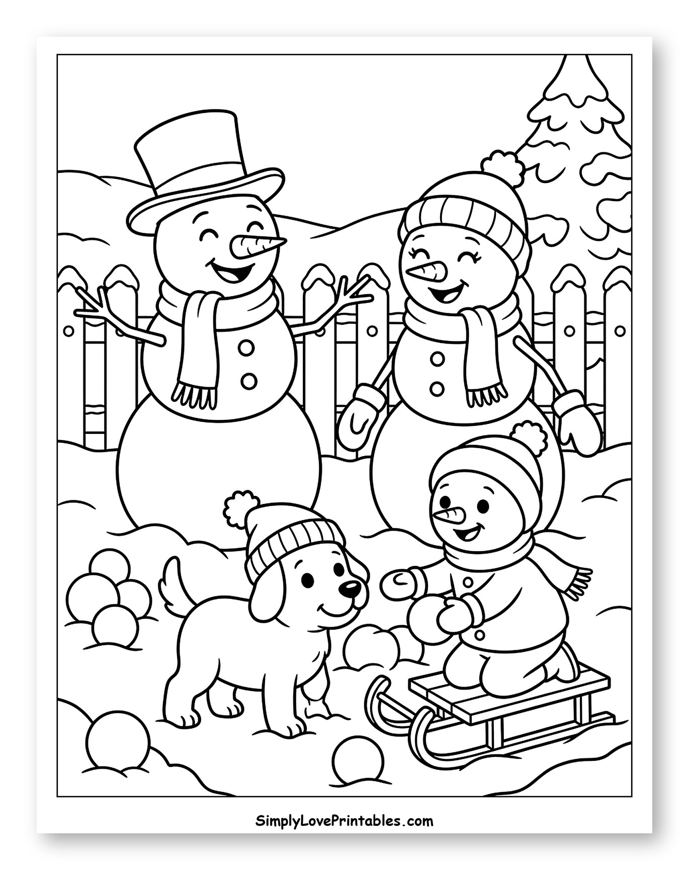 Happy Snowman Family Playing with Puppy