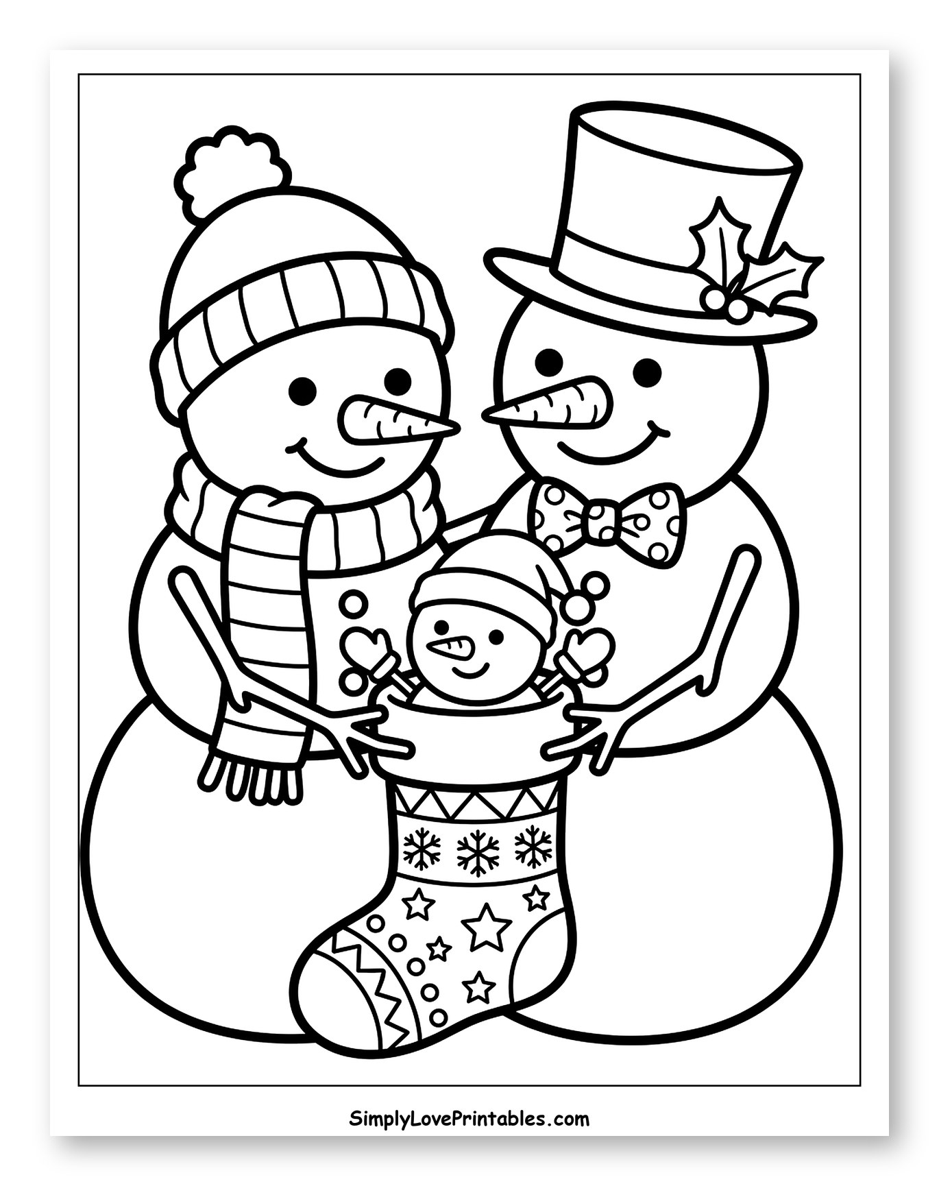 Happy Snowman Family with Christmas Stocking to Color for Toddlers