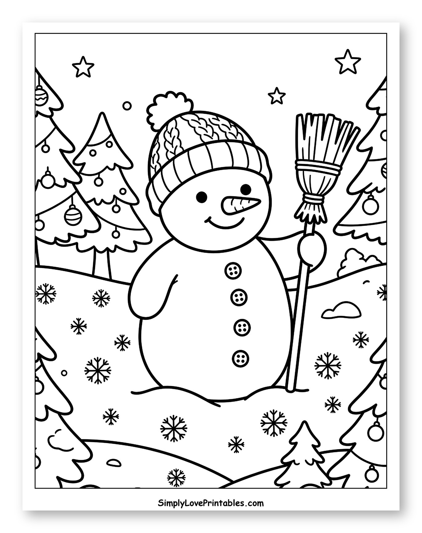 Happy Snowman Holding a Broom in the Woods Coloring Page for Kids