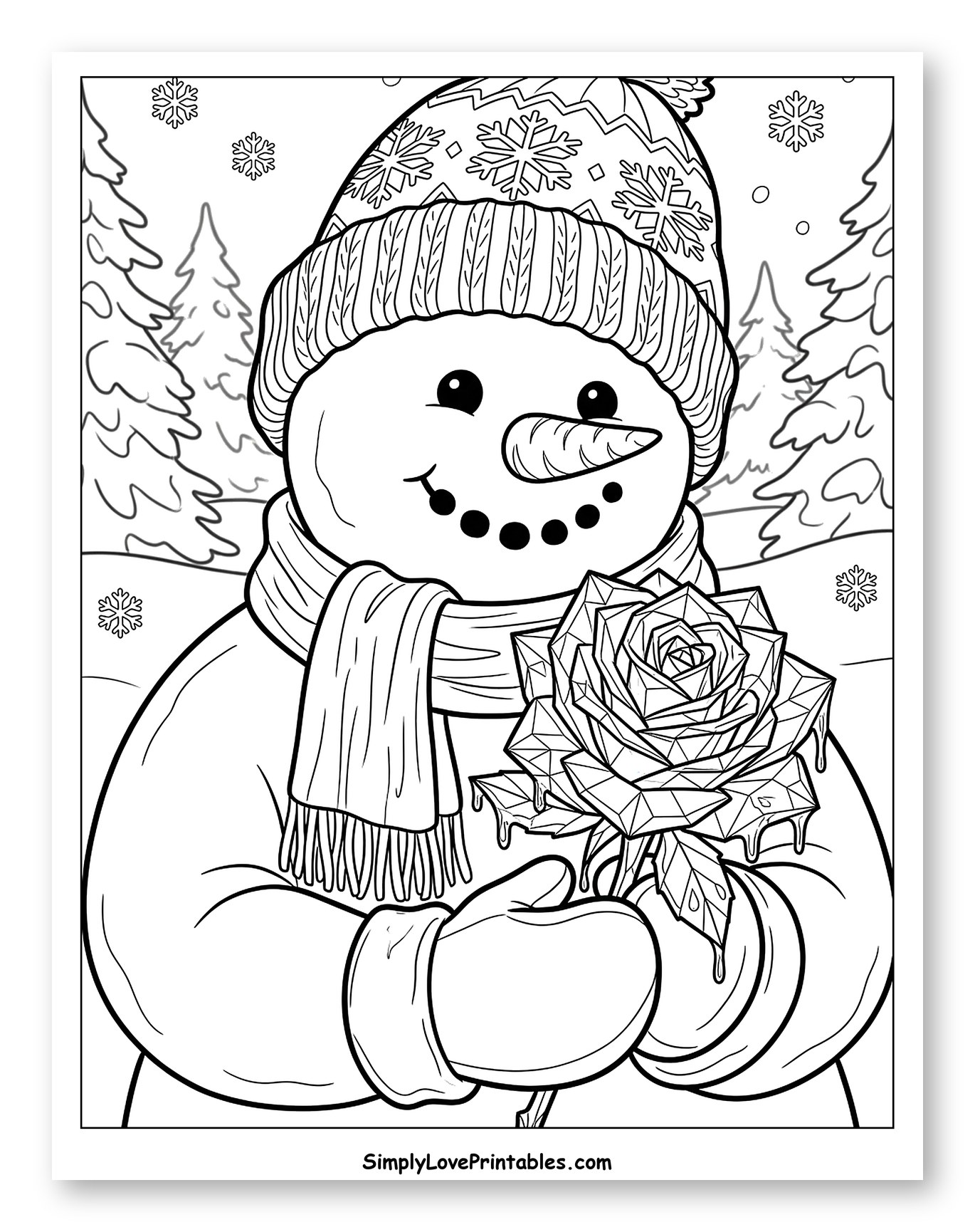 Happy Snowman Holding a Crystalline Ice Rose Coloring Page