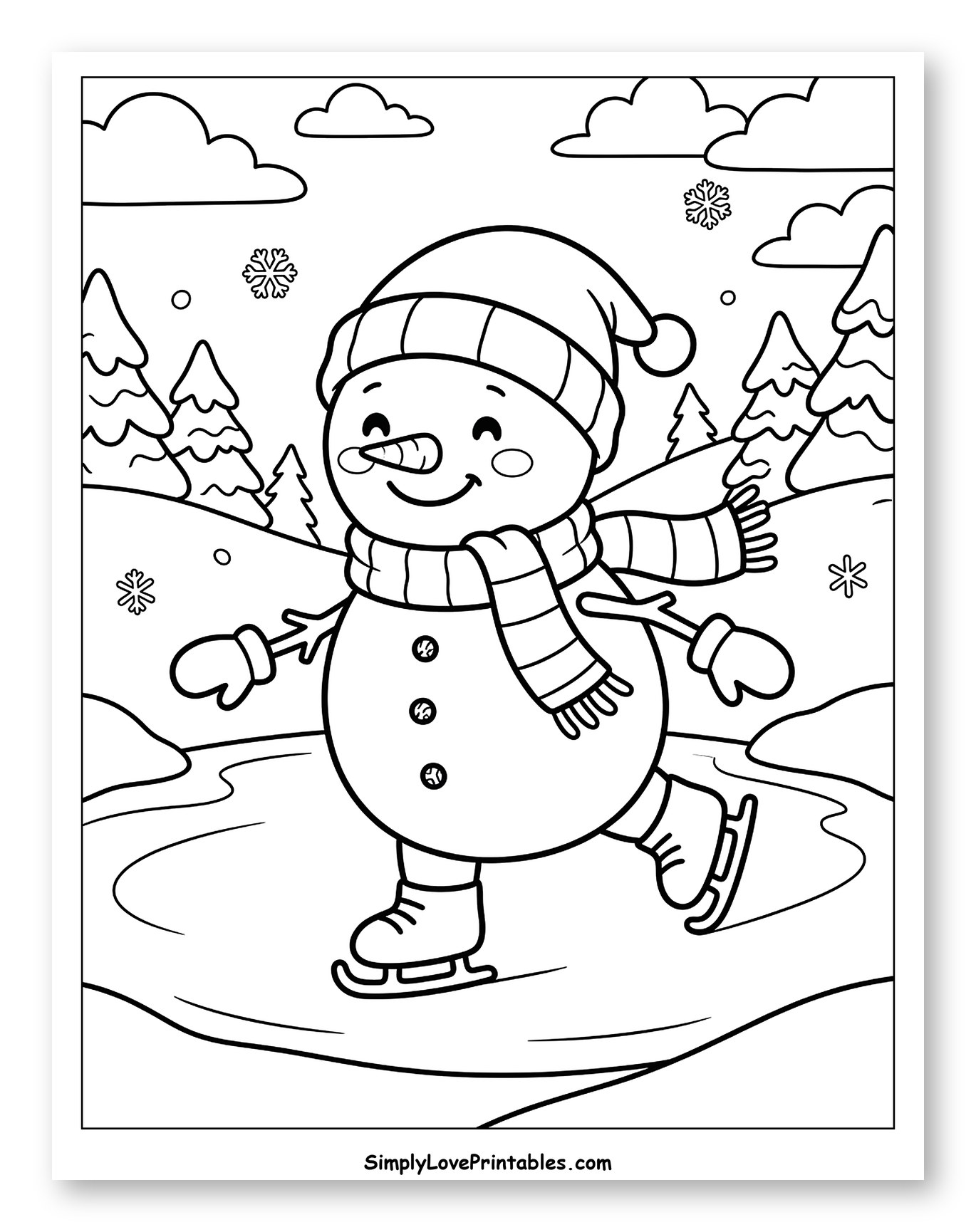 Happy Snowman Ice Skating on a Frozen Pond