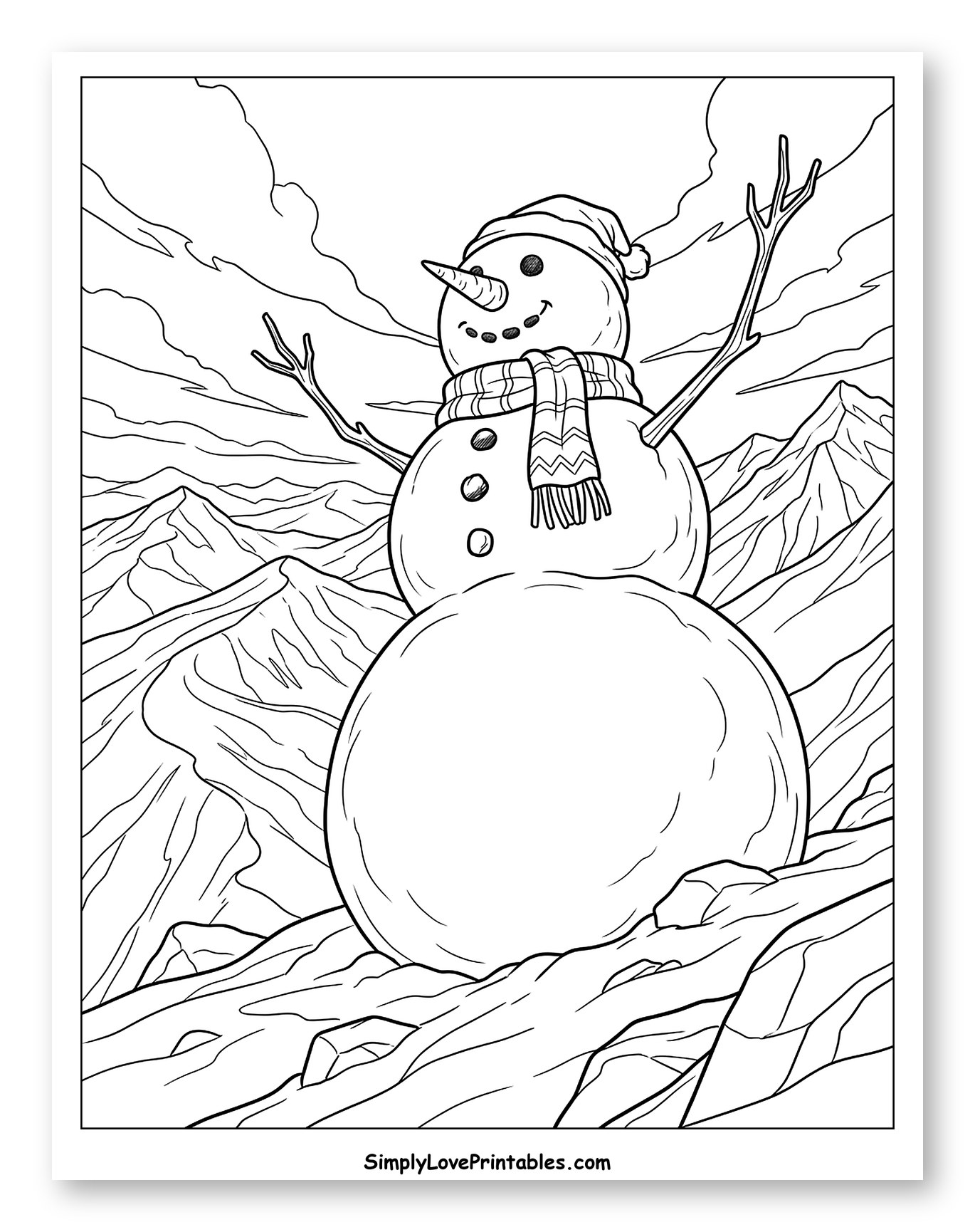 Happy Snowman on a Snowy Mountain Ridge Coloring Page