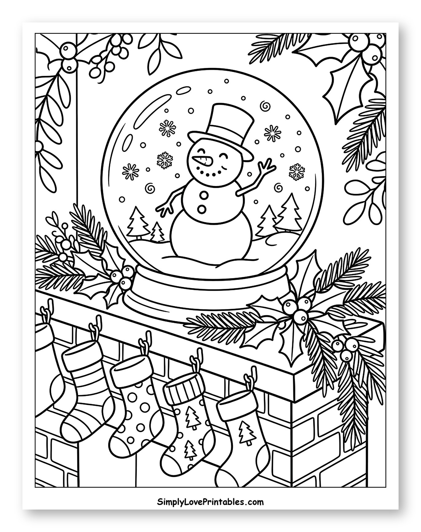 Happy Snowman Snow Globe on a Christmas Mantel to Color for Kids