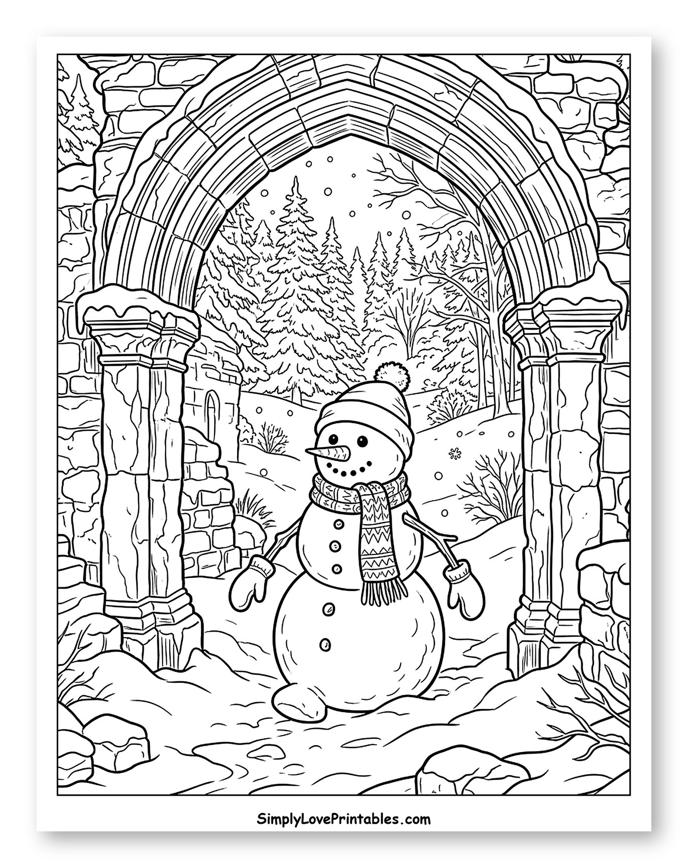 Happy Snowman Under a Stone Archway to Color