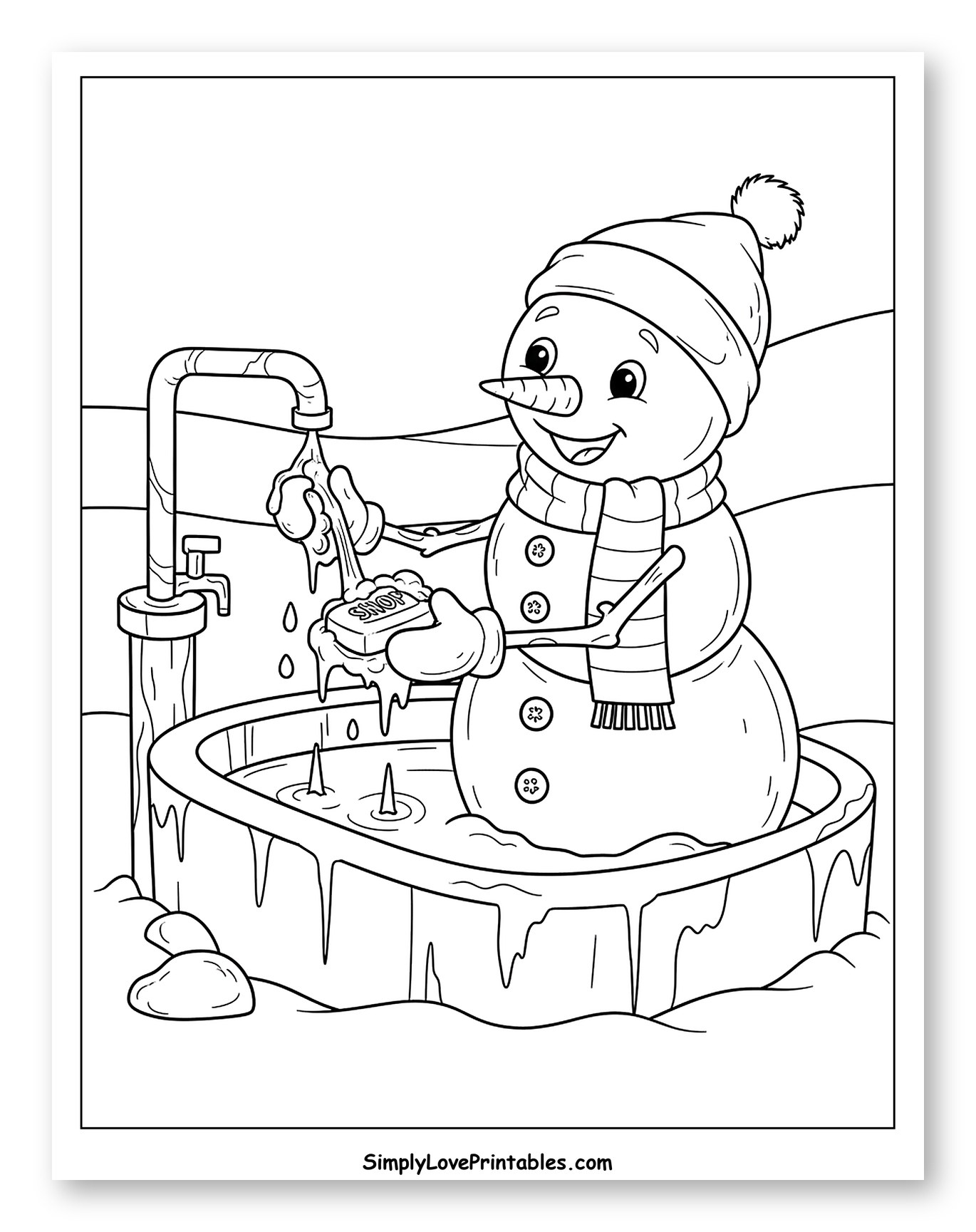 Happy Snowman Washing Soap in a Tub