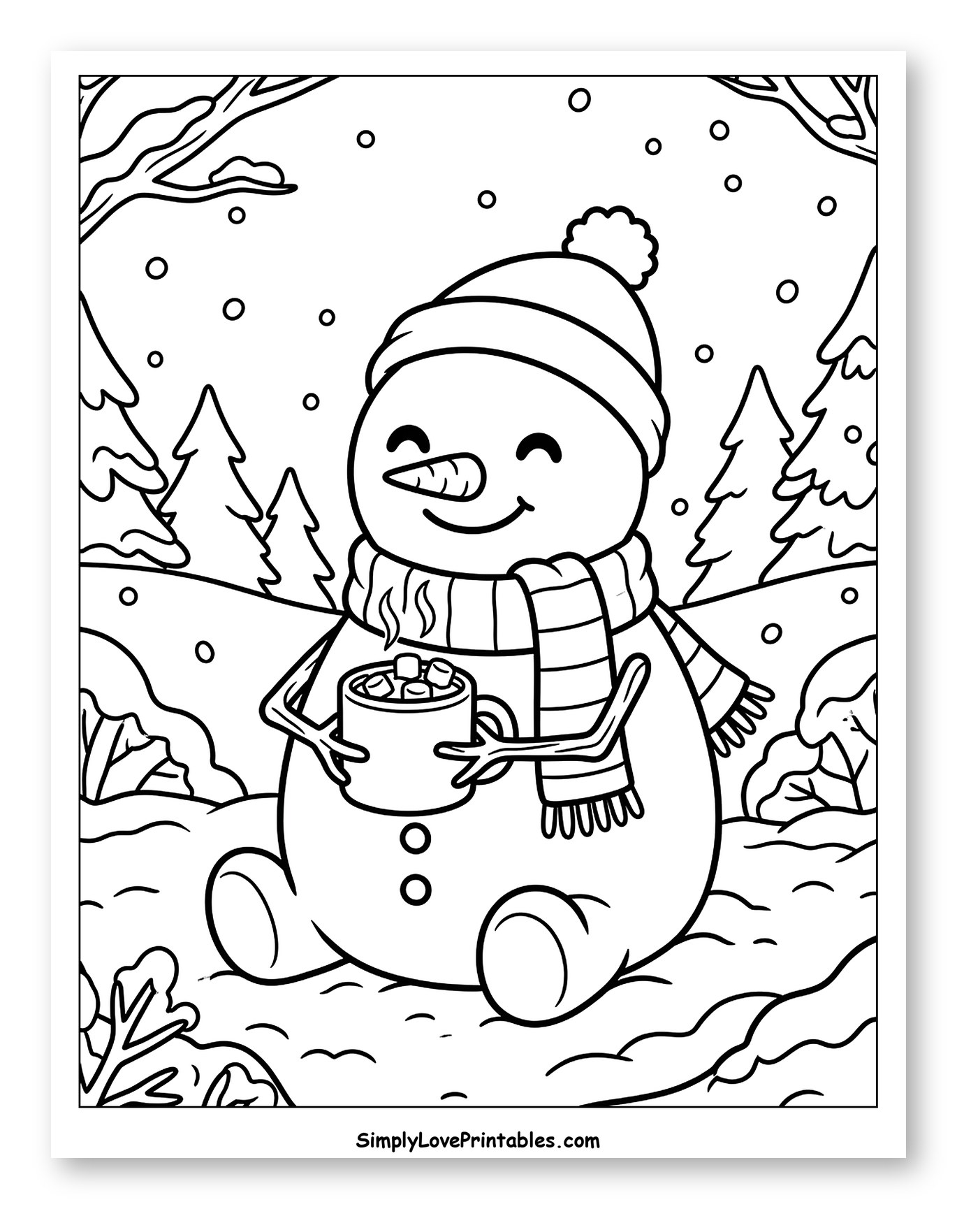 Happy Snowman with Warm Mug of Cocoa Coloring Page for Kids