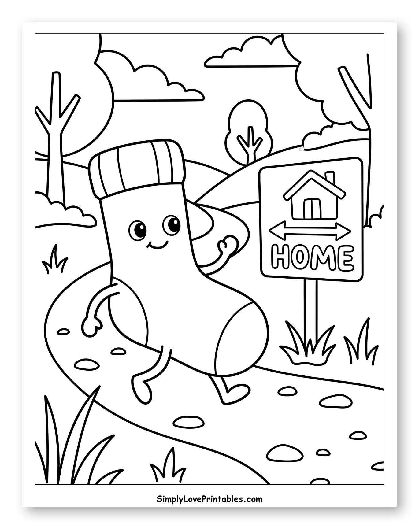 Happy Sock Walking on Path to Home Coloring Sheet for Kids