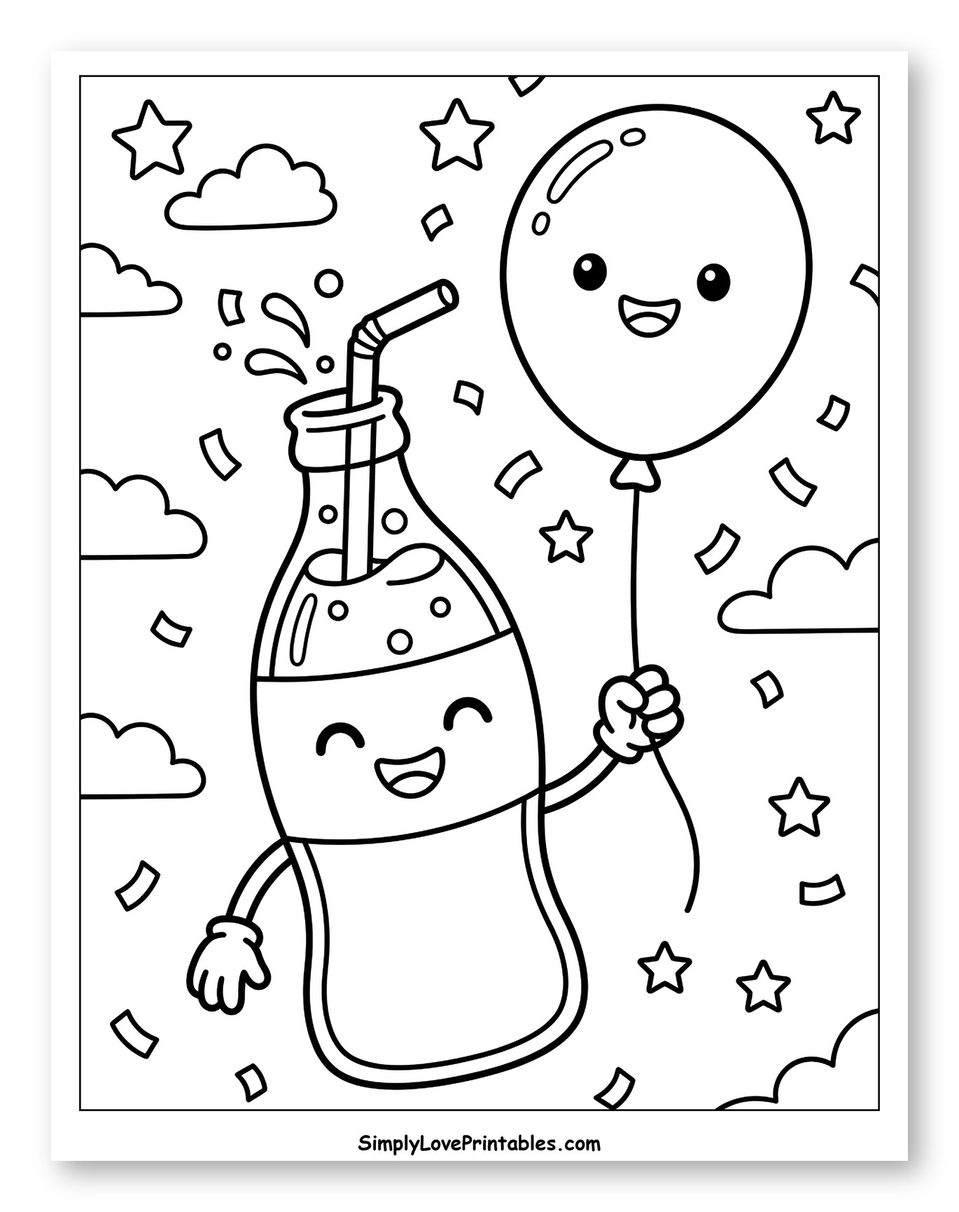 Happy Soda Bottle Holding a Balloon Coloring Sheet for Kids