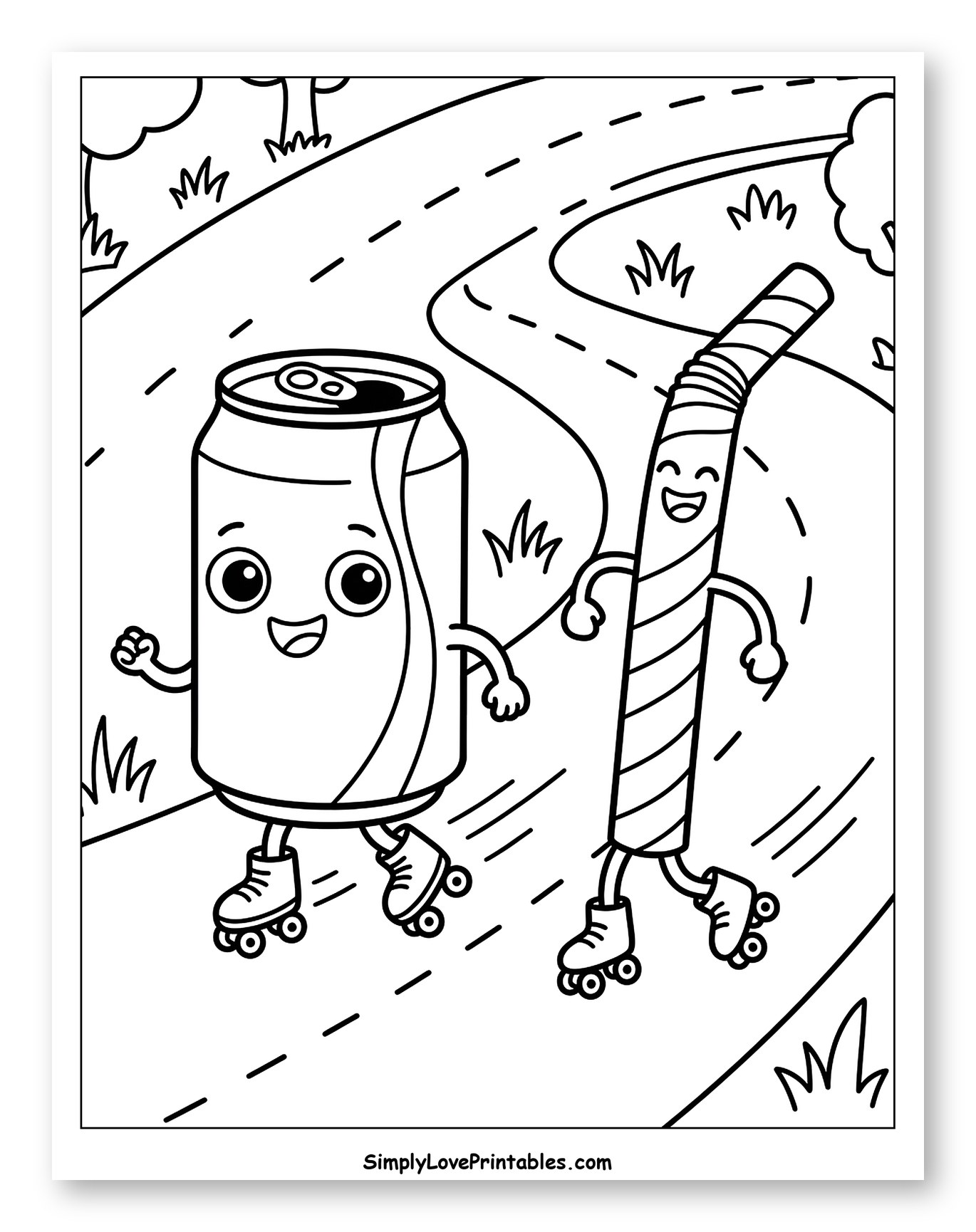 Happy Soda Can and Straw on Skates Coloring Sheet for Kids