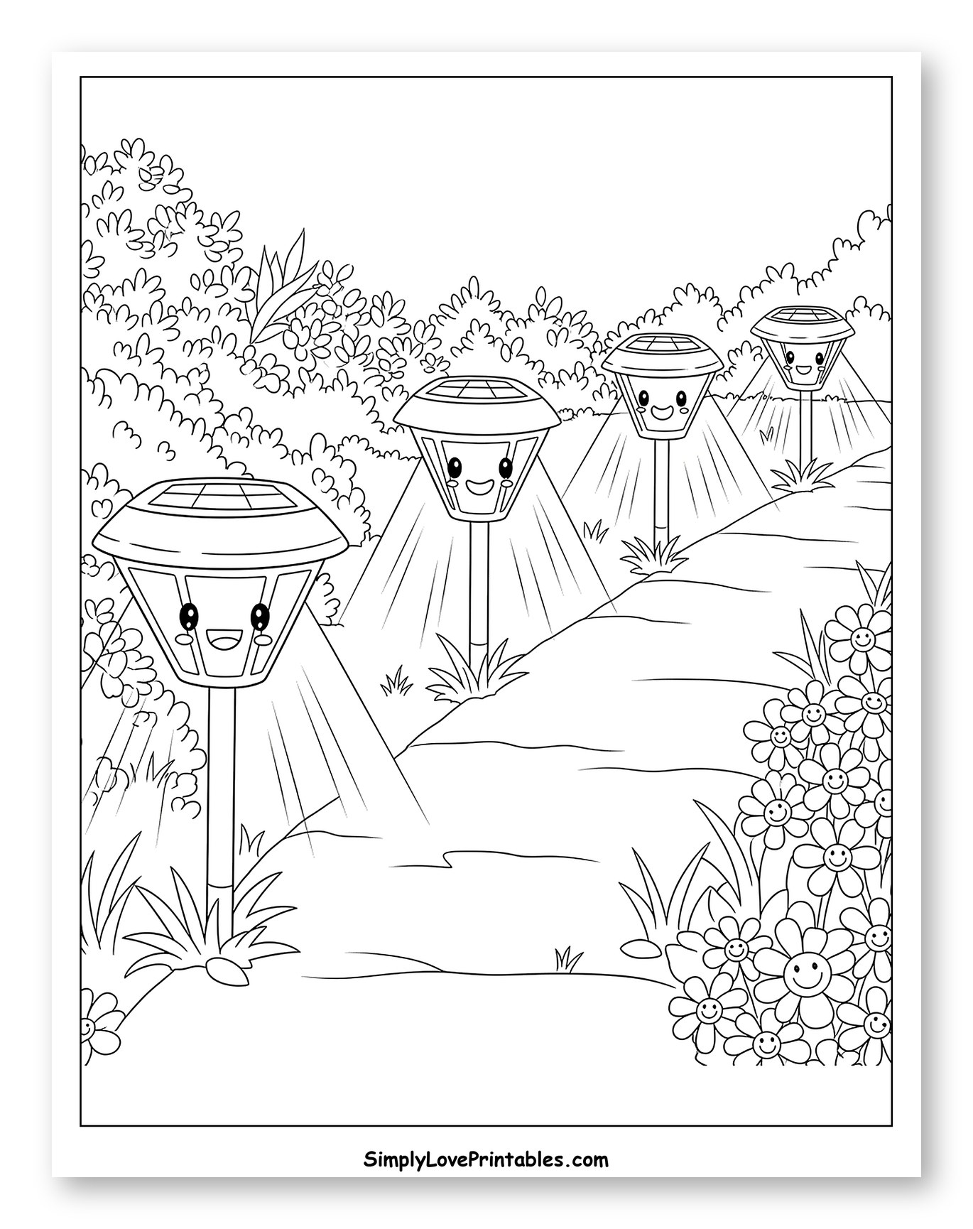 Happy Solar Lamps on a Garden Path Coloring Page for Kids