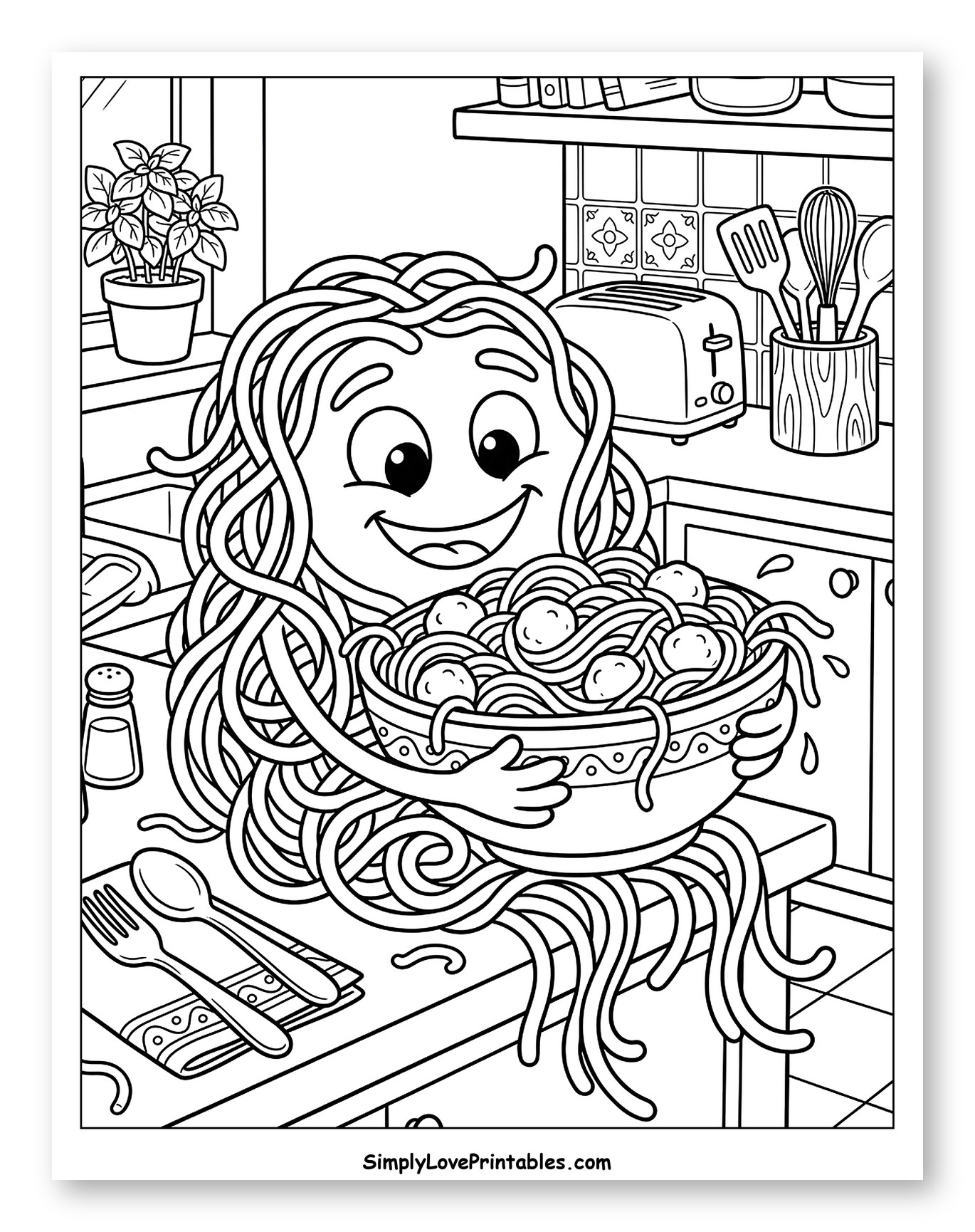 Happy Spaghetti Monster Holding Meatballs to Color for Kids