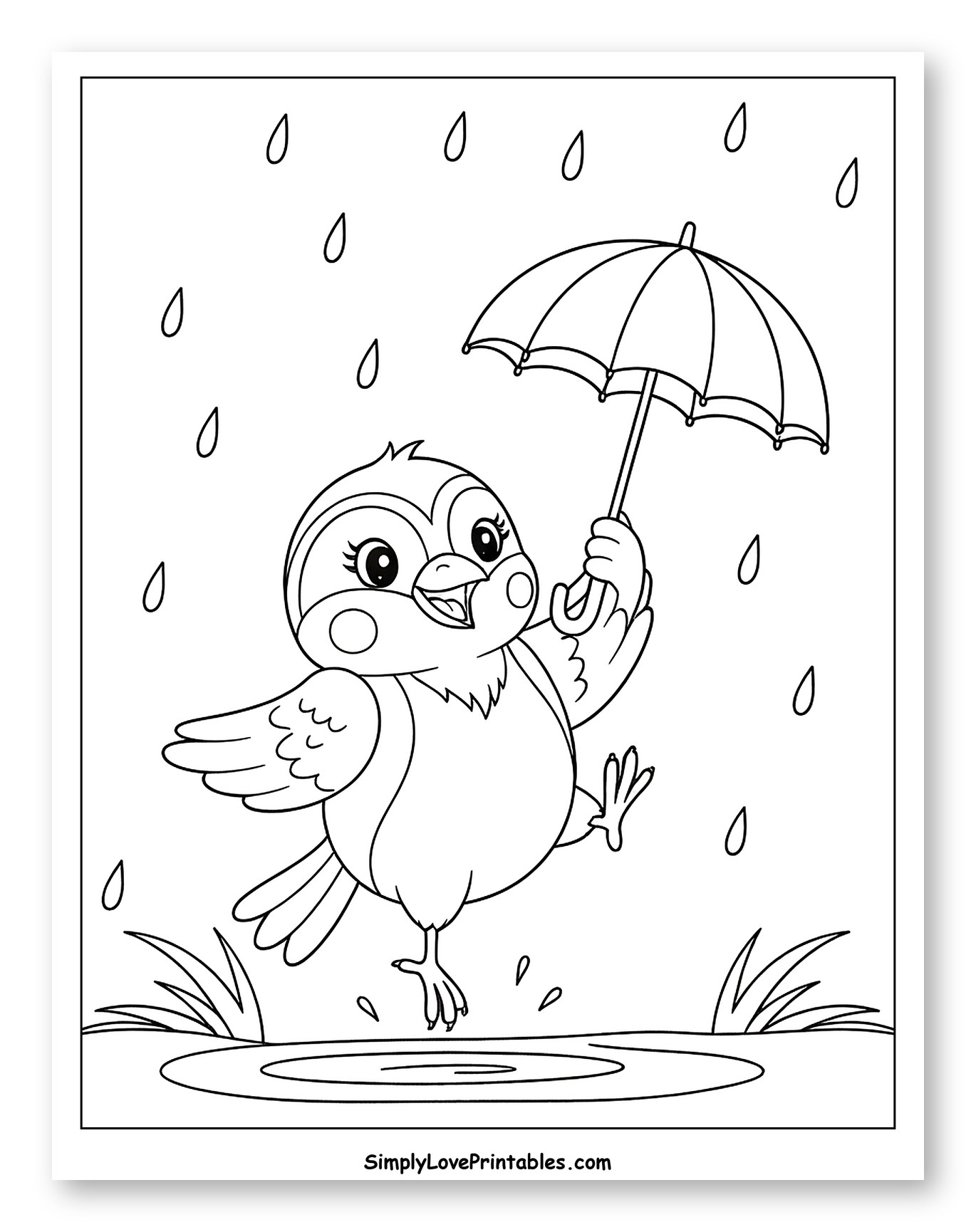 Happy Sparrow Splashing in Rainy Puddle Coloring Sheet for Kids