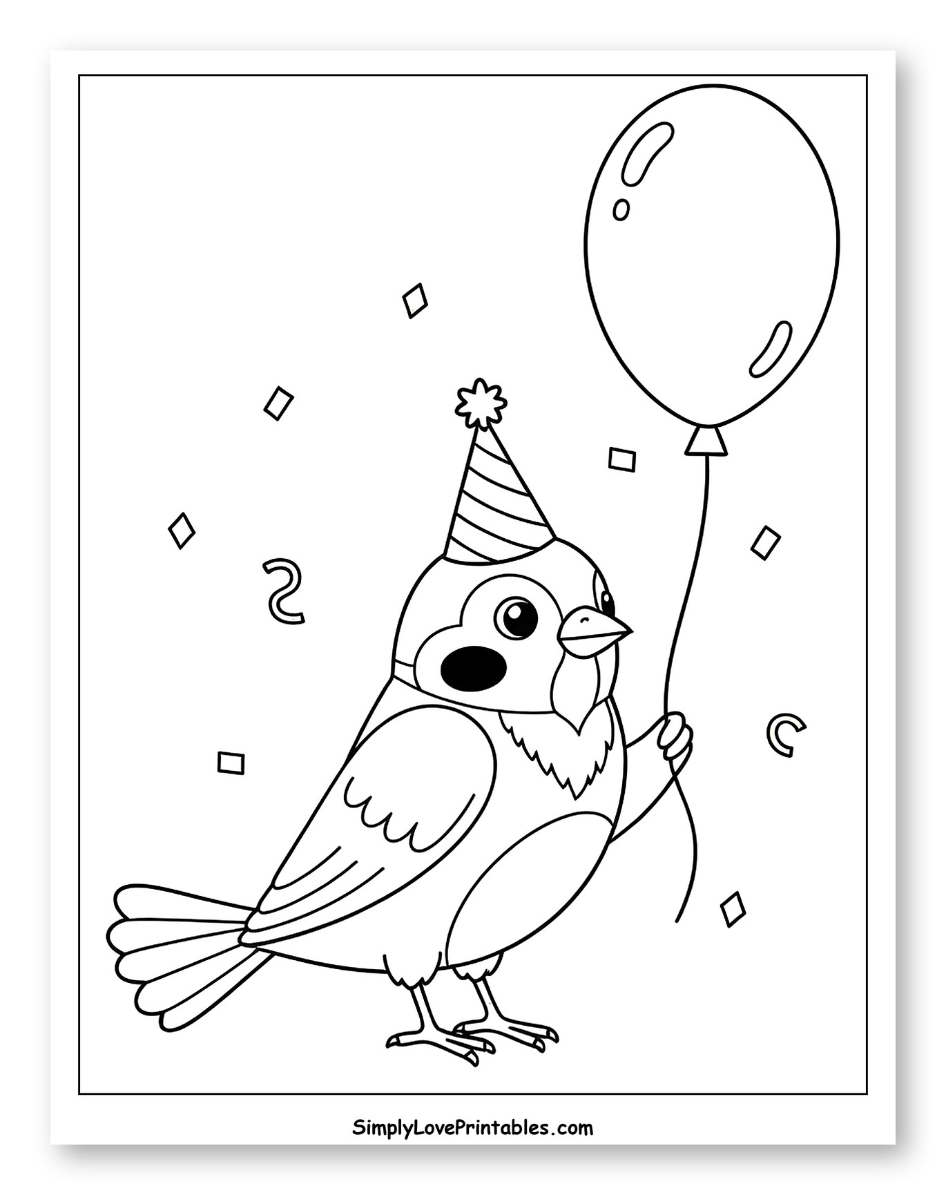 Happy Sparrow Wearing Party Hat and Holding Balloon Coloring Sheet for Kids