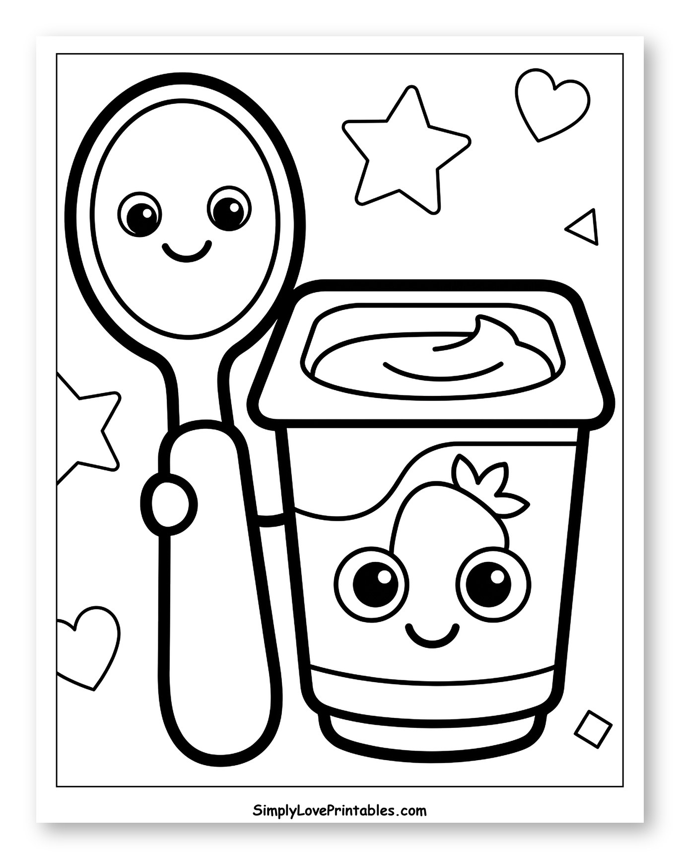 Happy Spoon and Strawberry Yogurt Cup Coloring Sheet for Toddlers