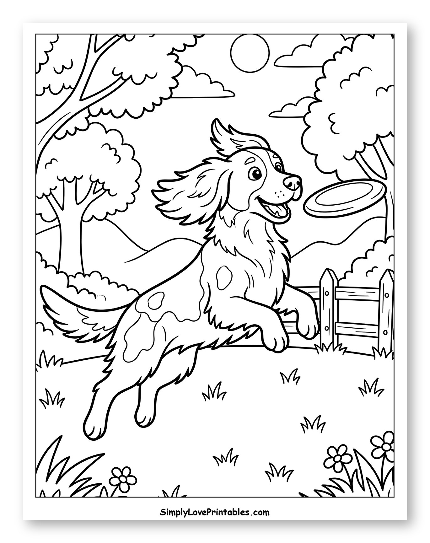 Happy Springer Spaniel Dog Jumping for Frisbee to Color for Kids