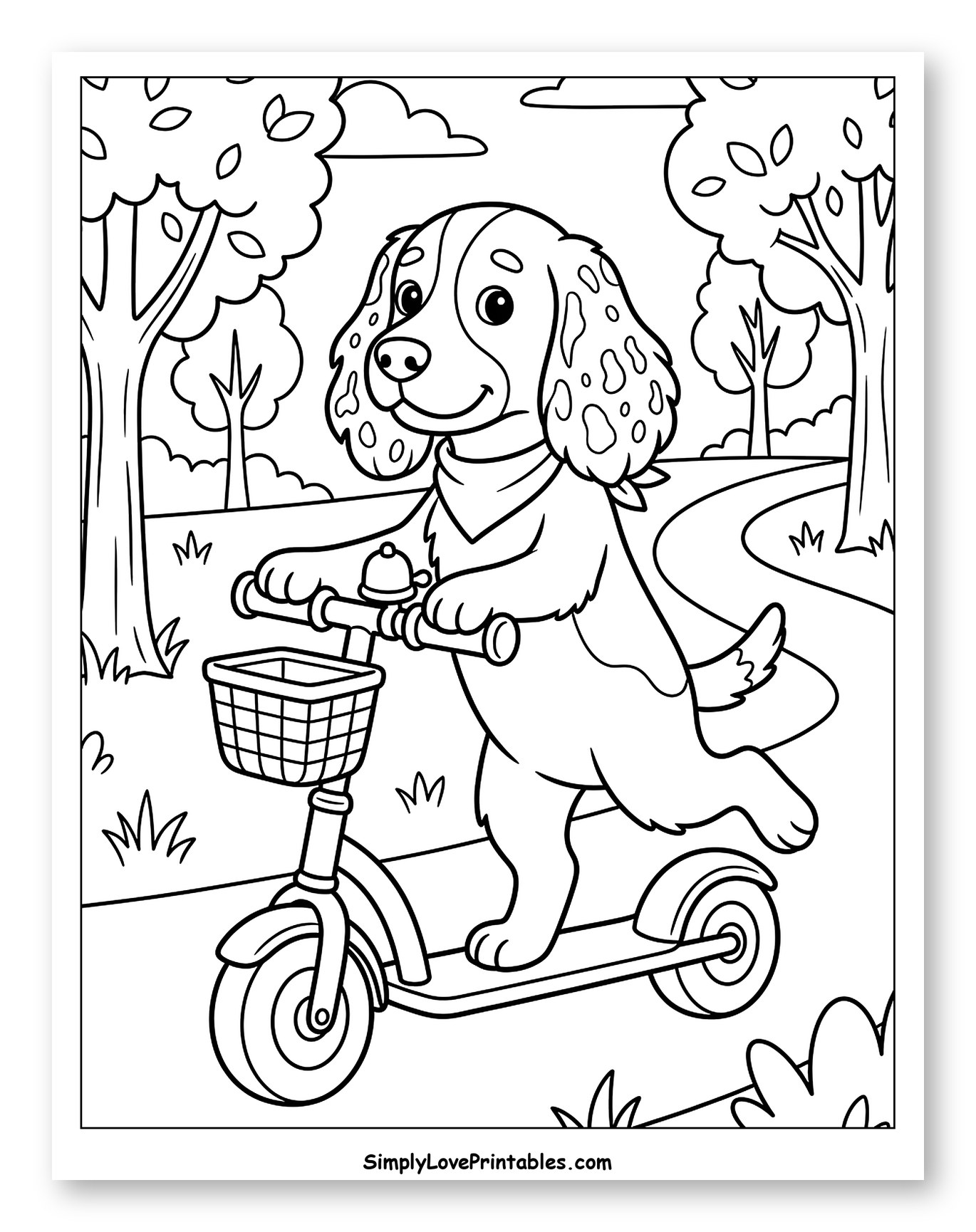 Happy Springer Spaniel Riding a Scooter to Color for Kids