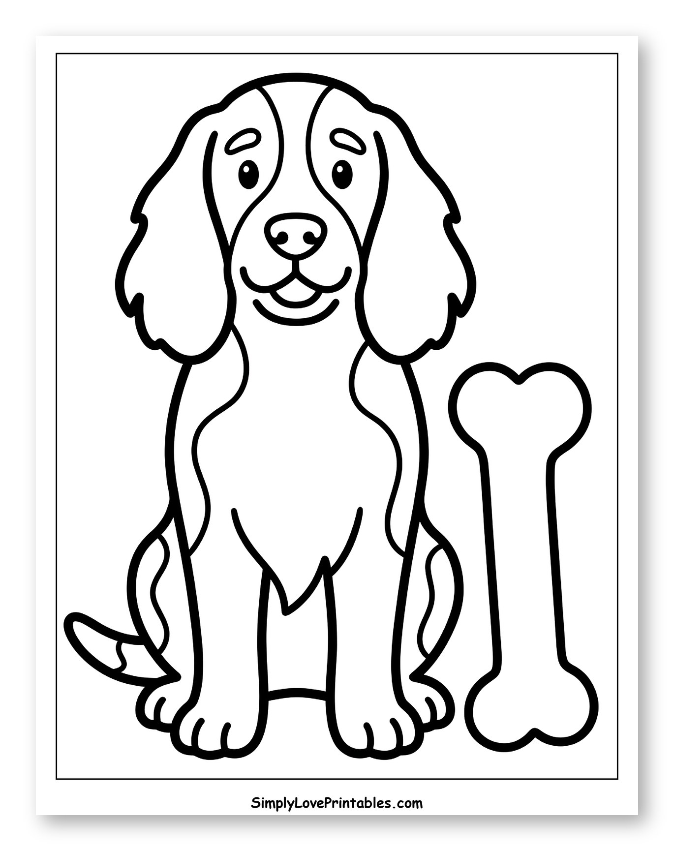 Happy Springer Spaniel Sitting with Bone Coloring Sheet for Toddlers