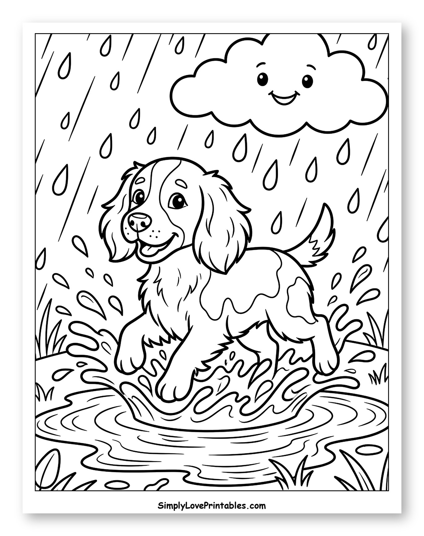 Happy Springer Spaniel Splashing in a Puddle Coloring Page for Kids