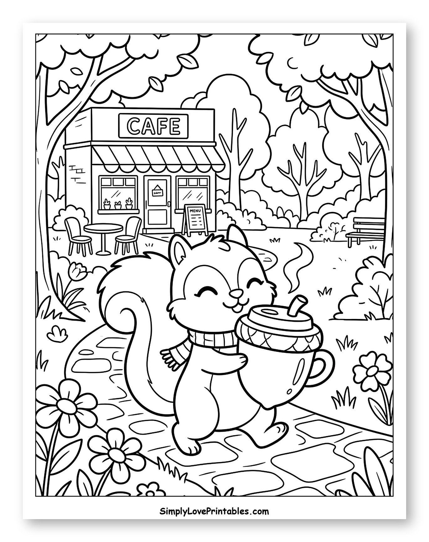 Happy Squirrel Carrying Warm Acorn Drink by Cafe