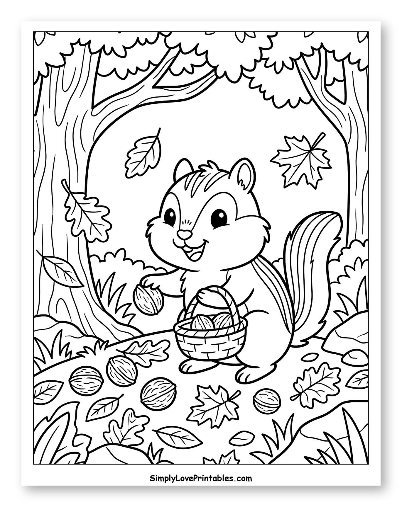 Happy Squirrel Gathering Autumn Nuts in Forest Coloring Page for Kids