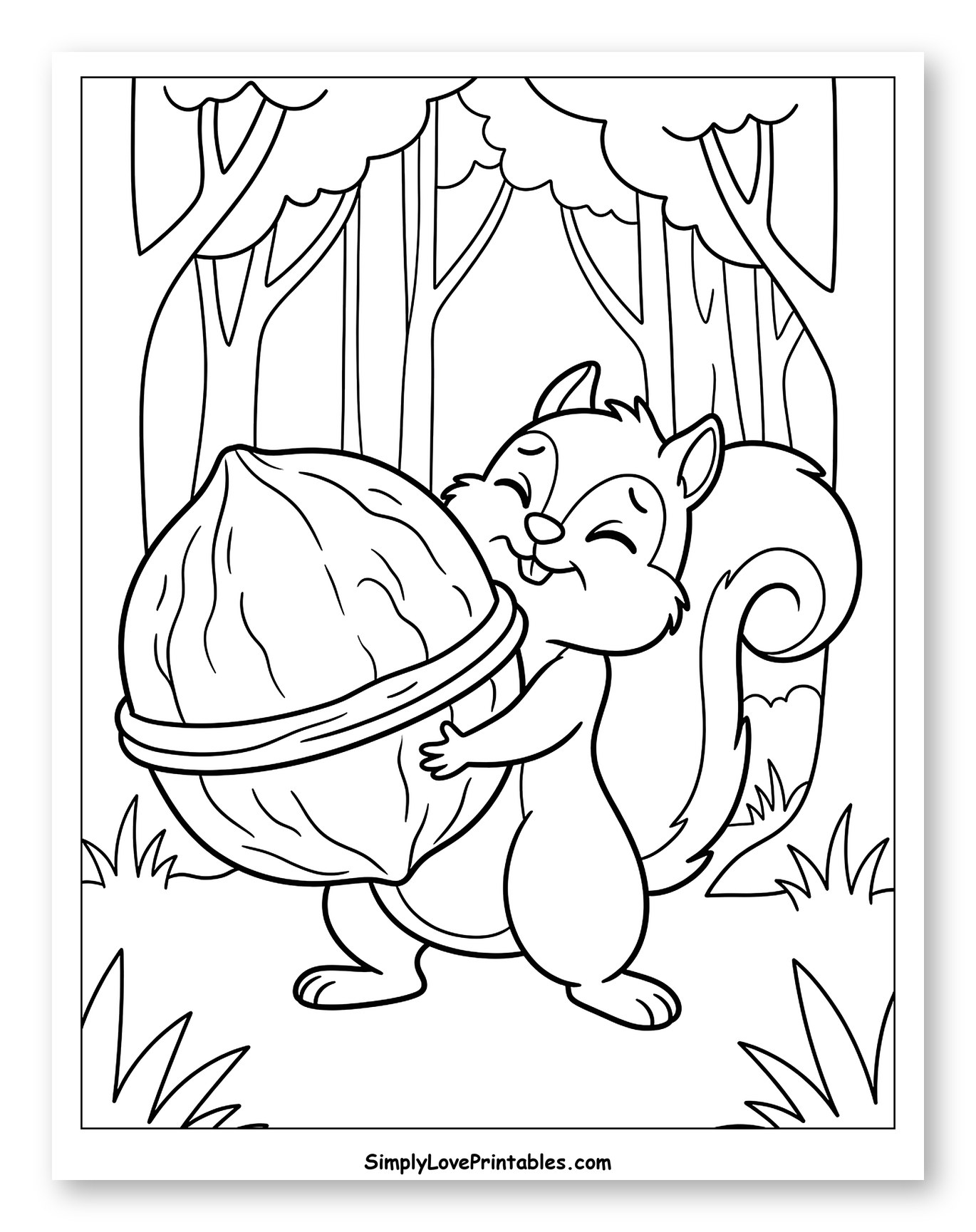 Happy Squirrel Hugging Giant Walnut Coloring Page for Kids