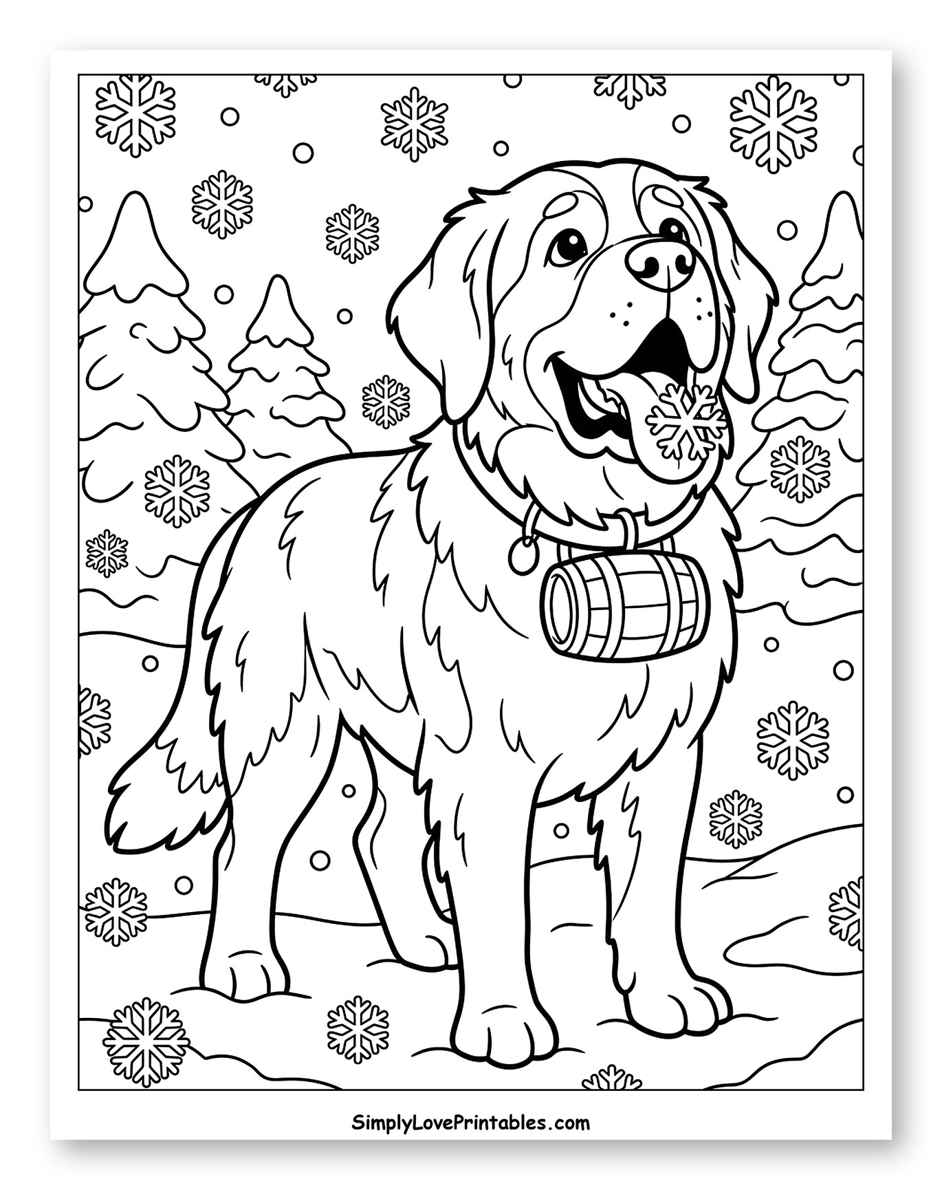 Happy St. Bernard Catching Snowflake Coloring Sheet for Kids