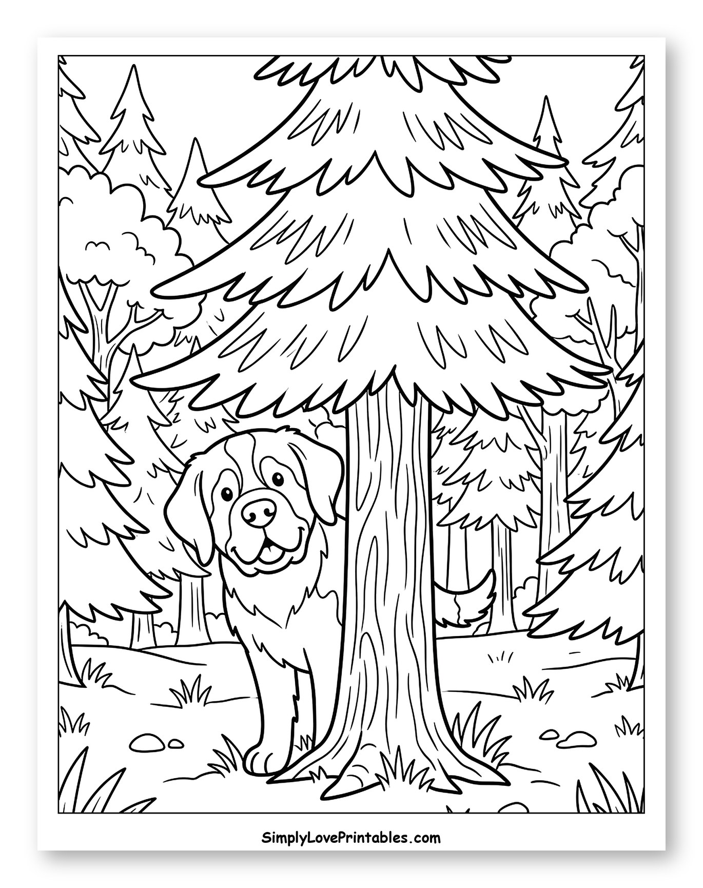 Happy St. Bernard Peeking from a Forest Tree