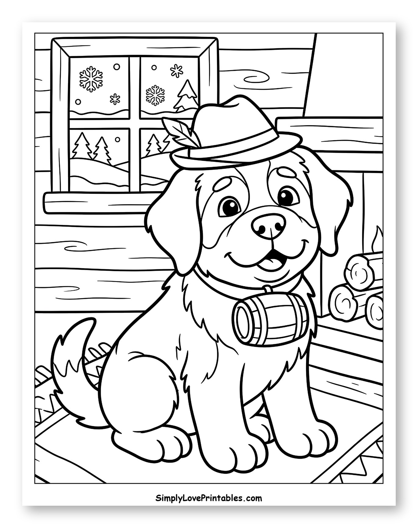 Happy St. Bernard Puppy by Fireplace to Color for Kids