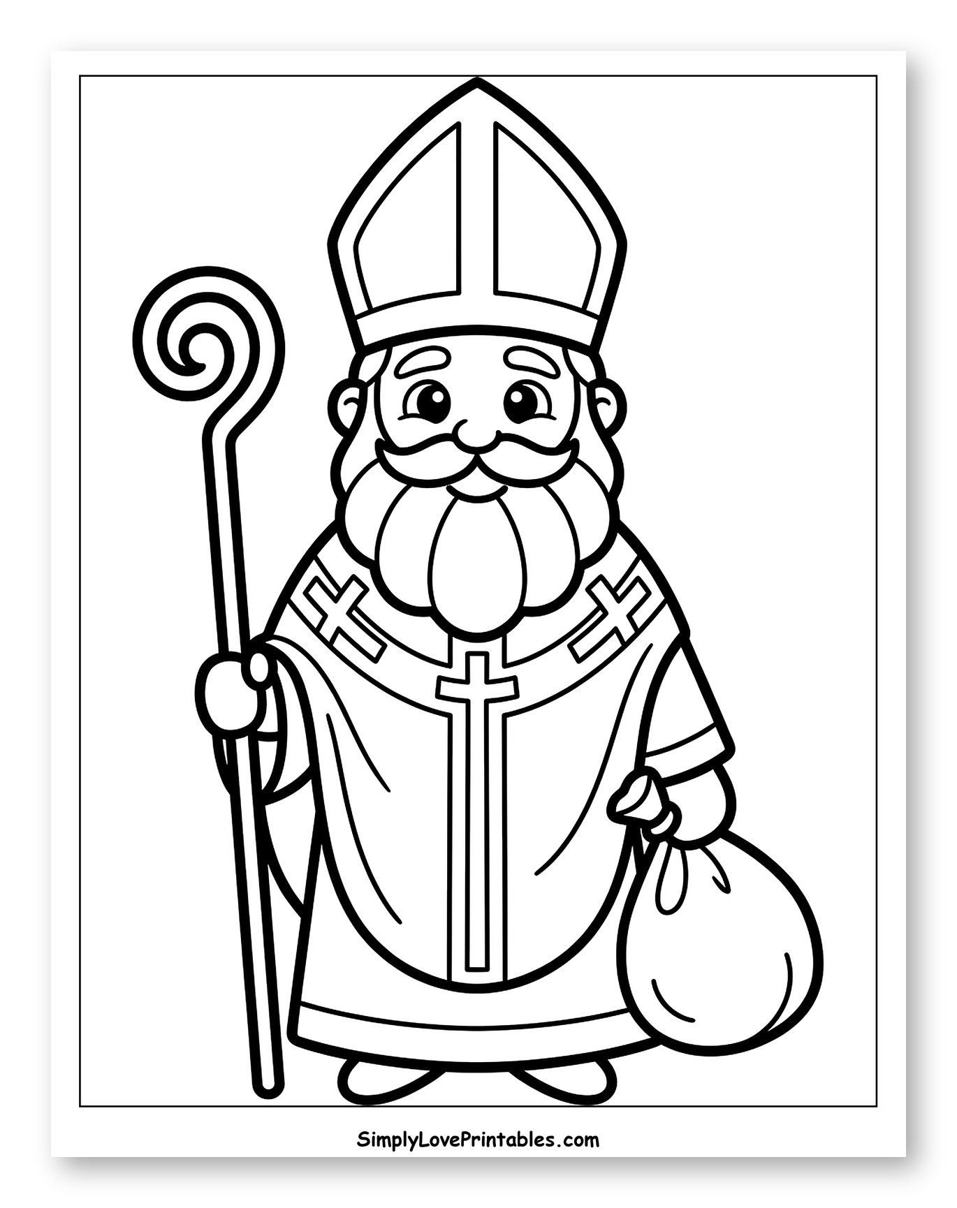 Happy St. Nicholas Holding Staff and Gift Bag Coloring Sheet for Toddlers