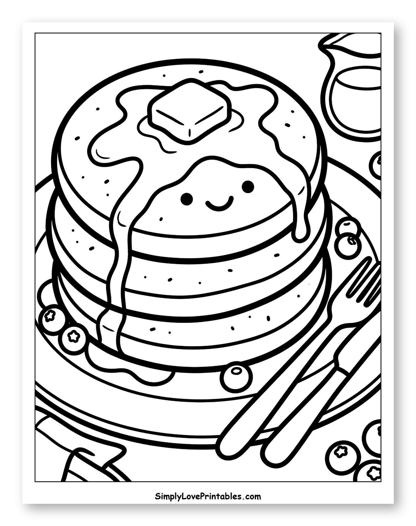 Happy Stack of Pancakes with Butter and Blueberries Coloring Page for Toddlers