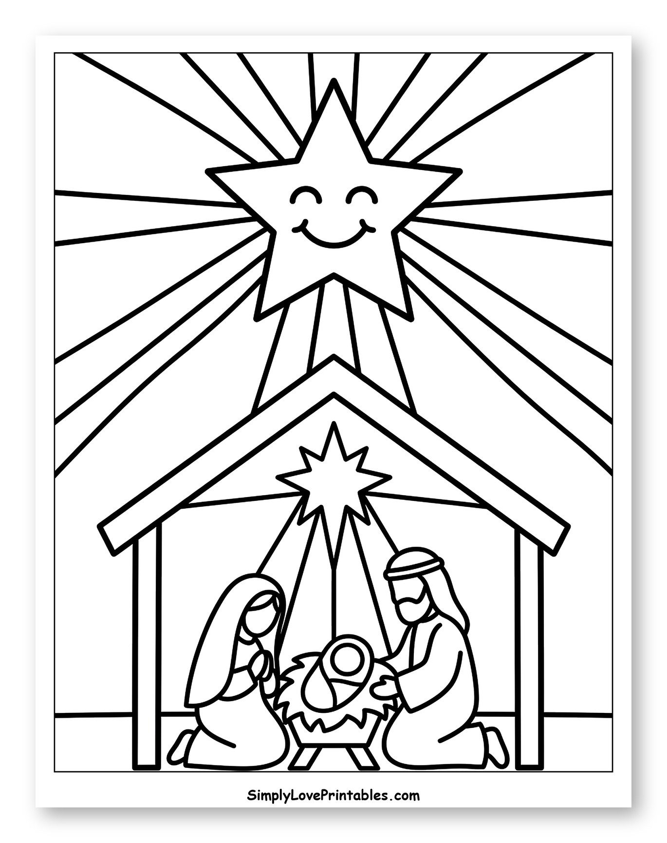 Happy Star Nativity Scene Coloring Page for Toddlers