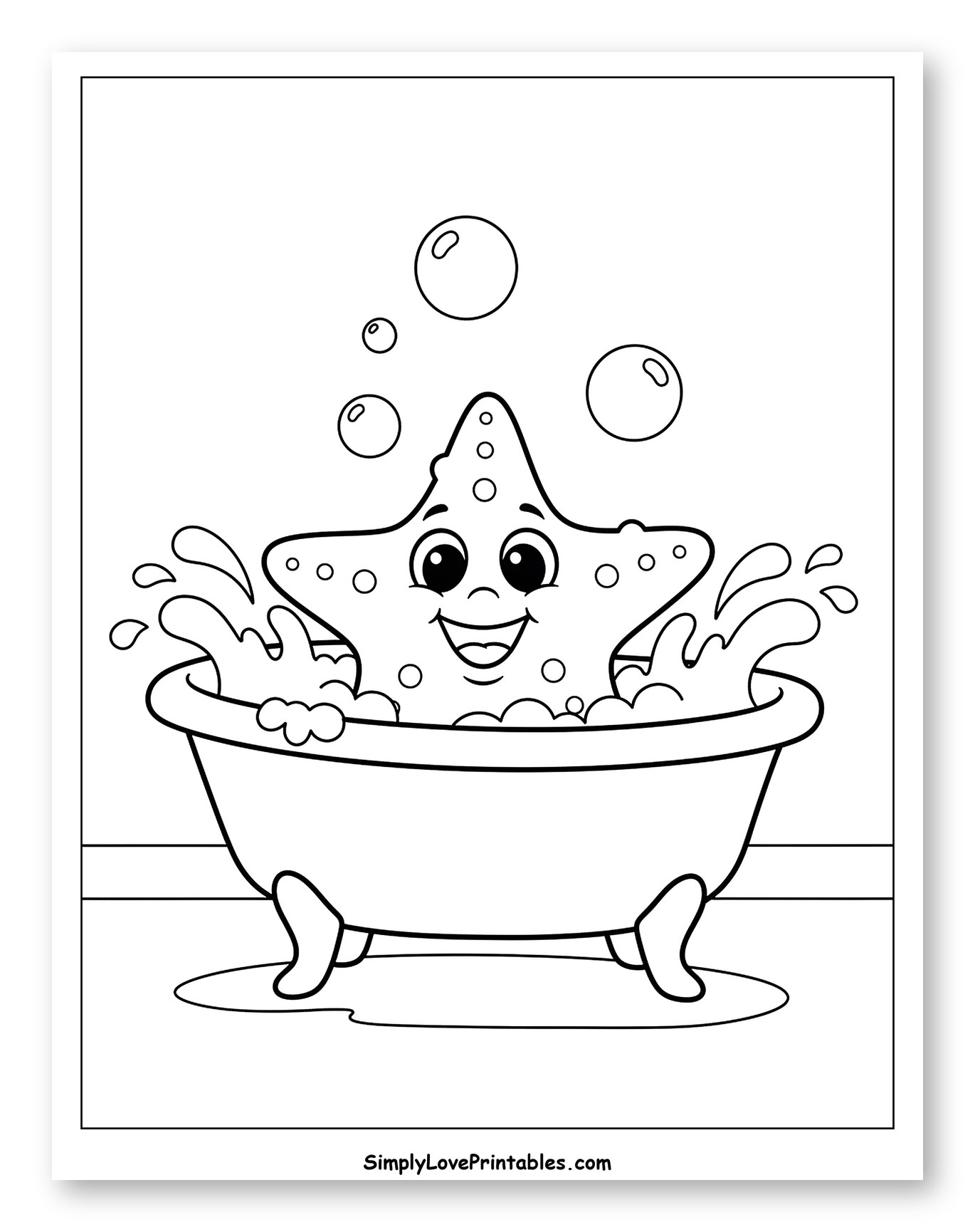 Happy Starfish Taking a Bubble Bath Coloring Page for Toddlers