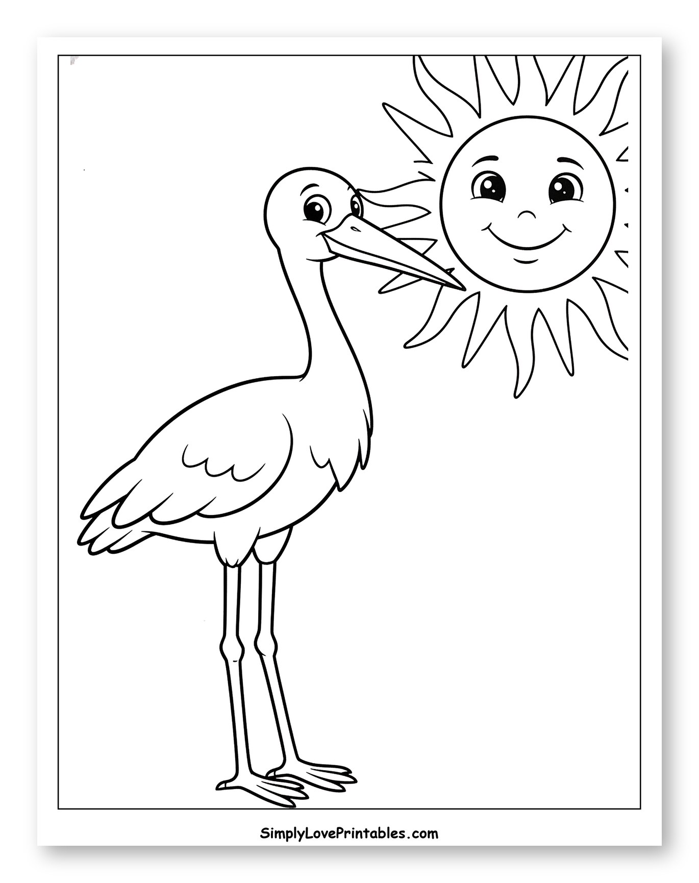 Happy Stork and Smiling Sun Coloring Sheet for Toddlers