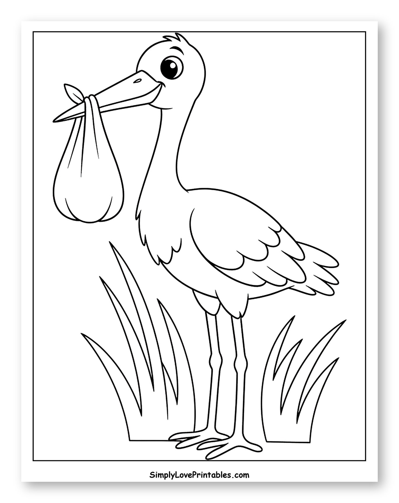 Happy Stork Carrying Baby Bundle in Beak to Color for Toddlers